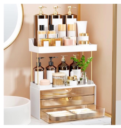StorBin 3 Large Drawers Makeup Organizer - 5 Tier Bathroom Counter Organizers and Storage, Versatile Perfume Vanity Organizer, Ideal for Cosmetic, Large Skincare, Face Mask, Office Supplies, Amber
