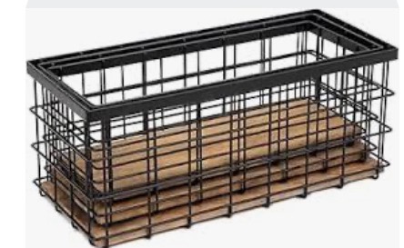 metal wire storage basket with a wood base.