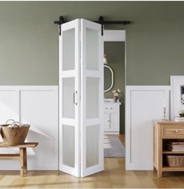 SMARTSTANDARD 36in x 84in Bifold Barn Door, Frosted Glass Barn Door with Hardware Kit Included, Pre-Drilled Holes Easy Assembly -Solid Barn Doors Slab Covered with Water-Proof PVC Surface, White