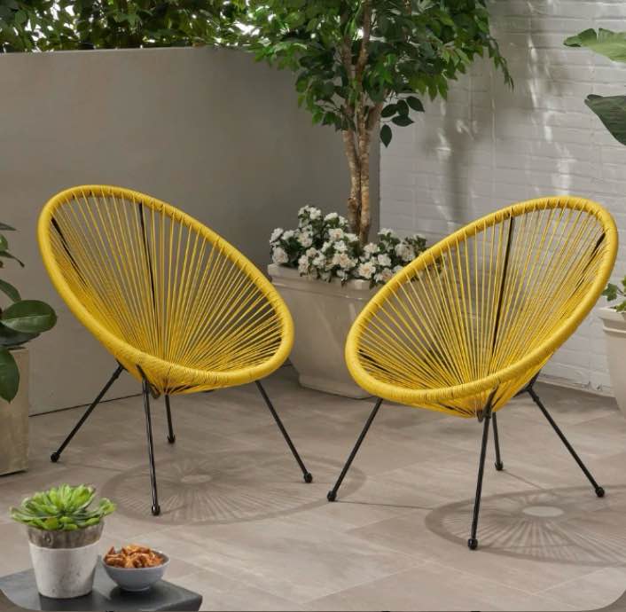 Anson Outdoor Steel Chairs w/ Hammock Rattan Seating (Set of 2) by Christopher Knight Home - Yellow, Black