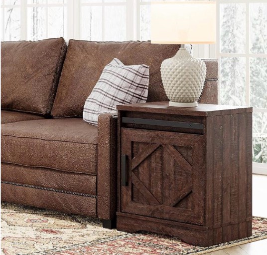 WAMPAT 24.3-inch Tall Farmhouse End Table with Drawer and Barn Door Cabinet for Living Room, Wood Rustic Nightstand for Bedroom,Wood Scoring-Style Purposeful Distressing,Rustic Brown