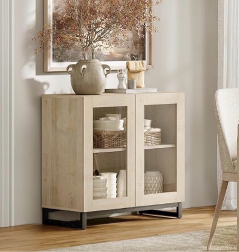 WAMPAT Sideboard Buffet Cabinets with Glass Doors, Modern Sideboard Credenza with Adjustable Shelf, Coffee Bar Cabinet Storage Cabinet for Living Room, Kitchen, Light Oak