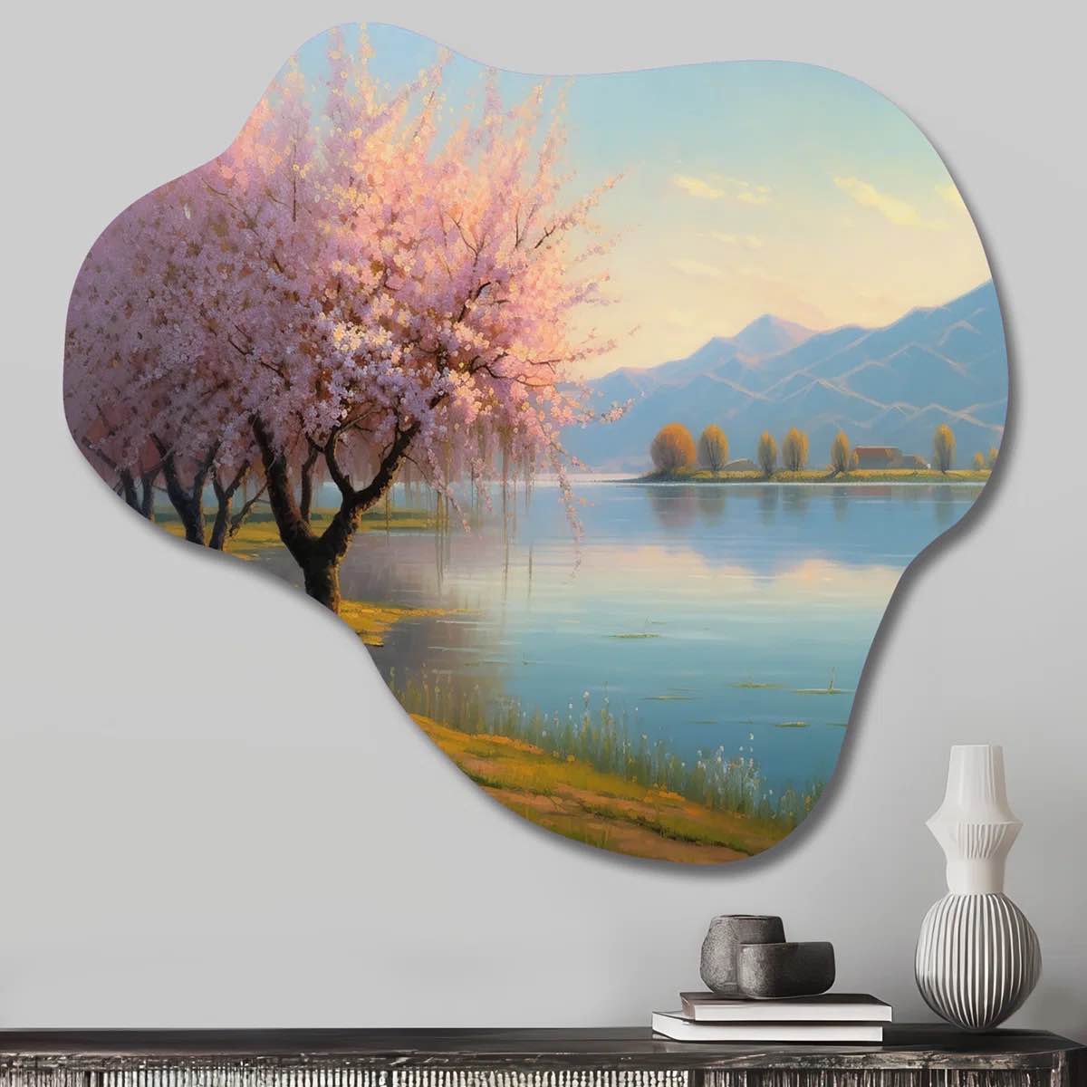  Cherry Blossom Trees By The Water I - Cloud Tree Floral Metal Wall Sculpture Print