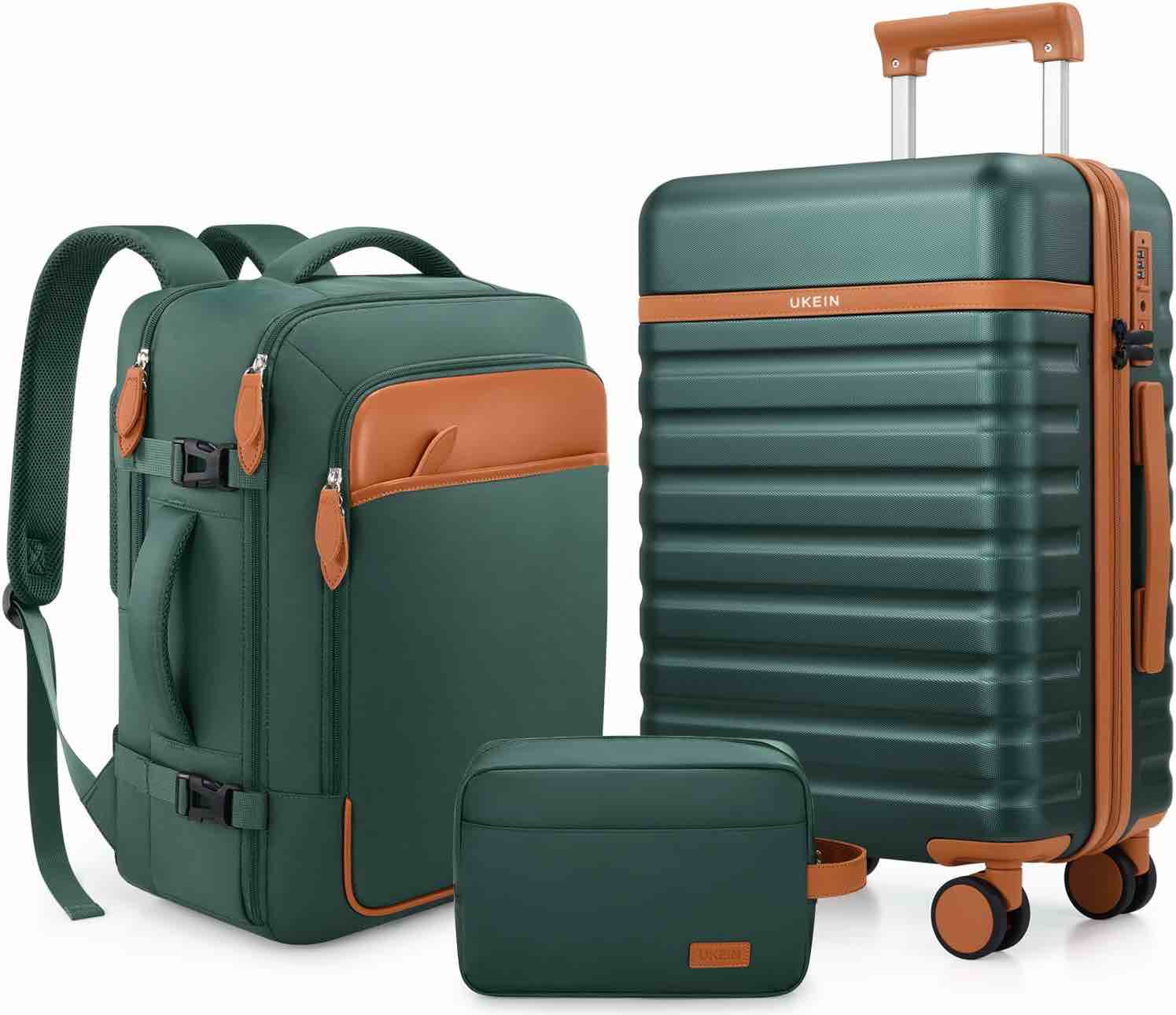 UKEIN Luggage Sets 3 Piece, Carry On Luggage 20In With Spinner Wheels,PC Hardside Suitcase Set with TSA Lock,Durable Carry On Suitcase With Travel Backpack for Men (Green, 3 piece set (20inch)) Green 3 piece set (20inch)