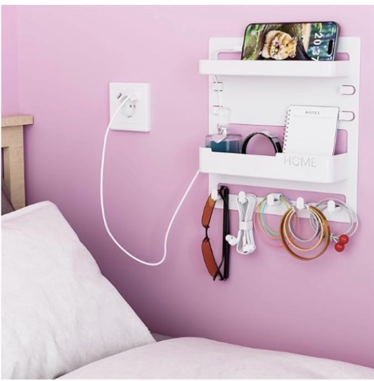 YONGA/JIA Redside Wall Mount Shelf Adhesive Bedside Organizer for Dorm, bunk bed, Bedroom, Rv White )
