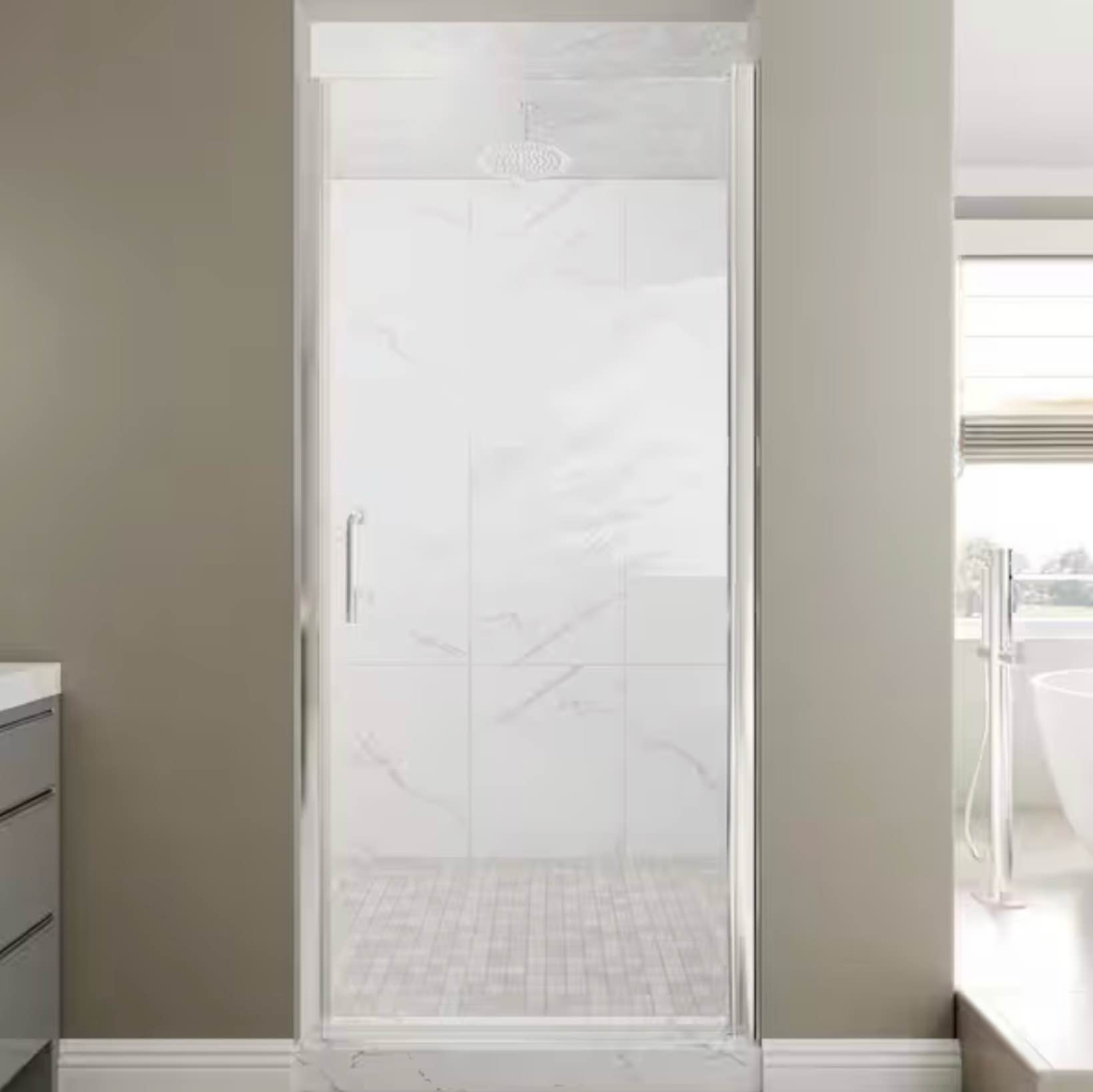 34-36 in. W x 72 in. H Pivot Semi-Frameless Shower Door in Chrome Finish with Clear Glass