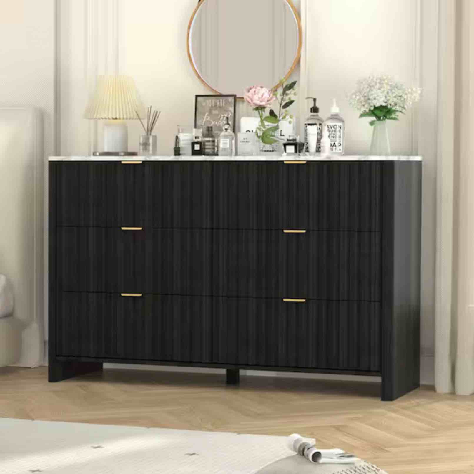6-Drawer Black Color Chest of Drawers, Faux Marble Countertop
