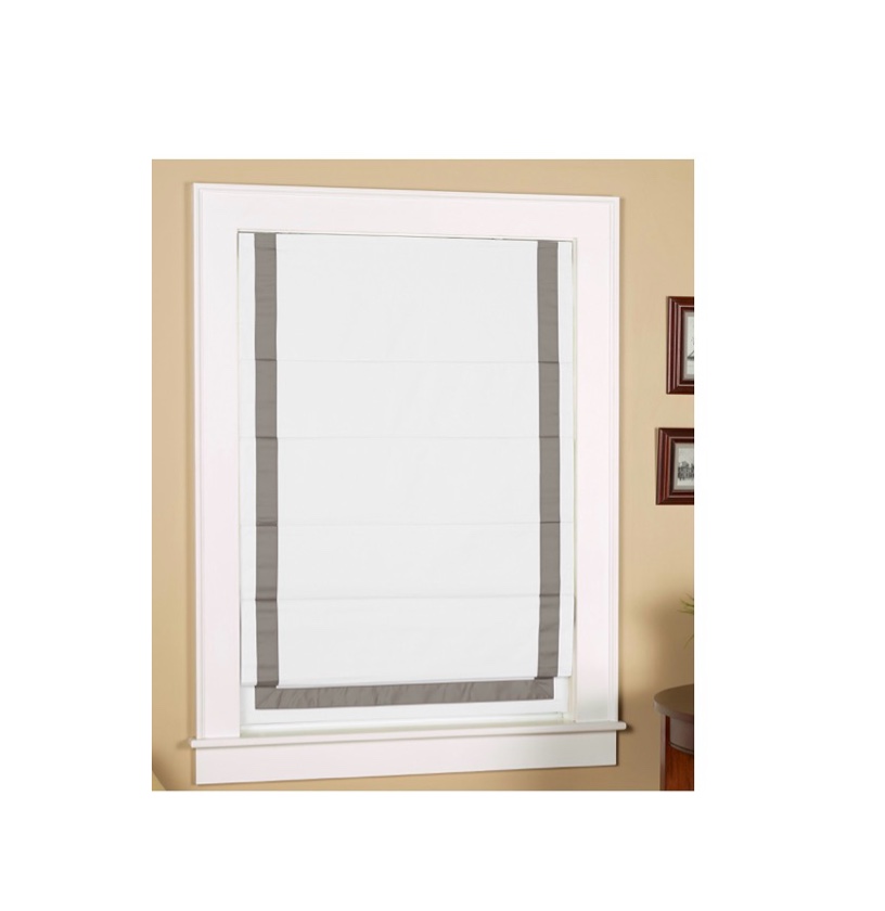 Green Mountain Vista Thermal Blackout Cordless Roman Shade with Ribbon Border (34" Wide x 63 Long, White with Grey Ribbon Border)