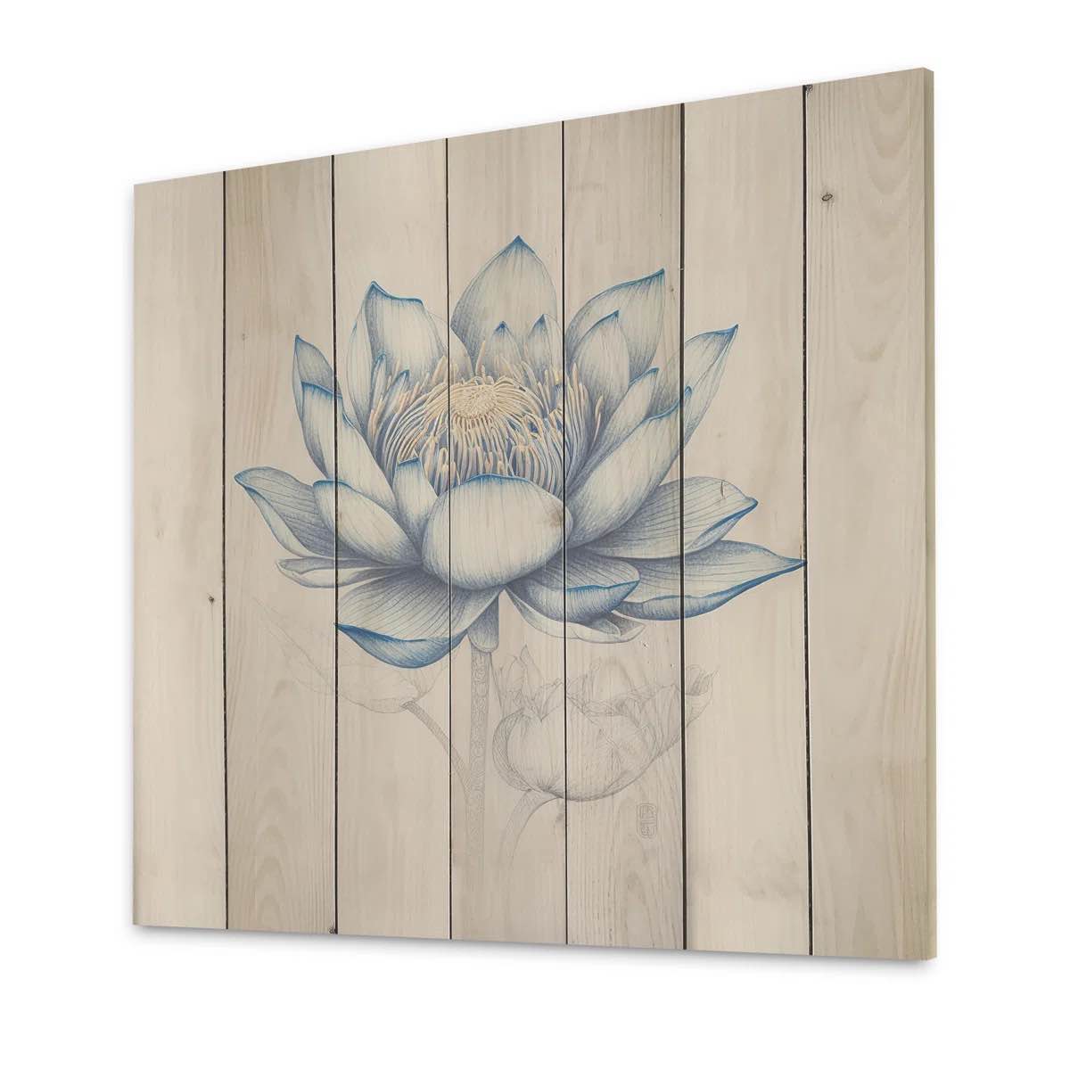 Vintage Blue Lotus Il - Floral Lotus Wood Wall Art Print