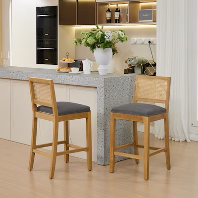 Vynxaria Gray Linen Full Solid Wood Rattan Back High Resilience Foam S Springs Bar Stool Set of 2