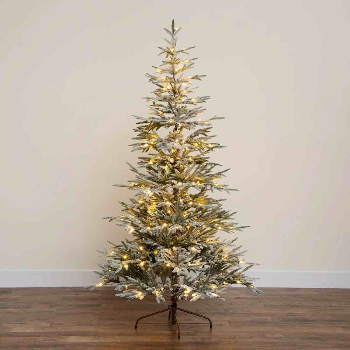 7ft. Pre-Lit Artificial Flocked Woodland Fir Christmas Tree with 200 Warm White LED Lights