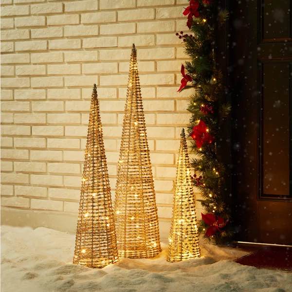 Set Of 3 Lighted Christmas Plastic Champagne Gold Cone Tree With 65 Warm White LED Lights
