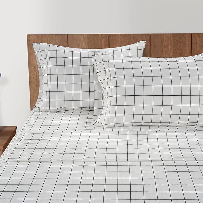 Best Season Printed Plaid Bed Sheet Set 4 Pieces - Queen Size - Double Brushed Microfiber Super Soft Breathable Bedding Sheets Black Grid