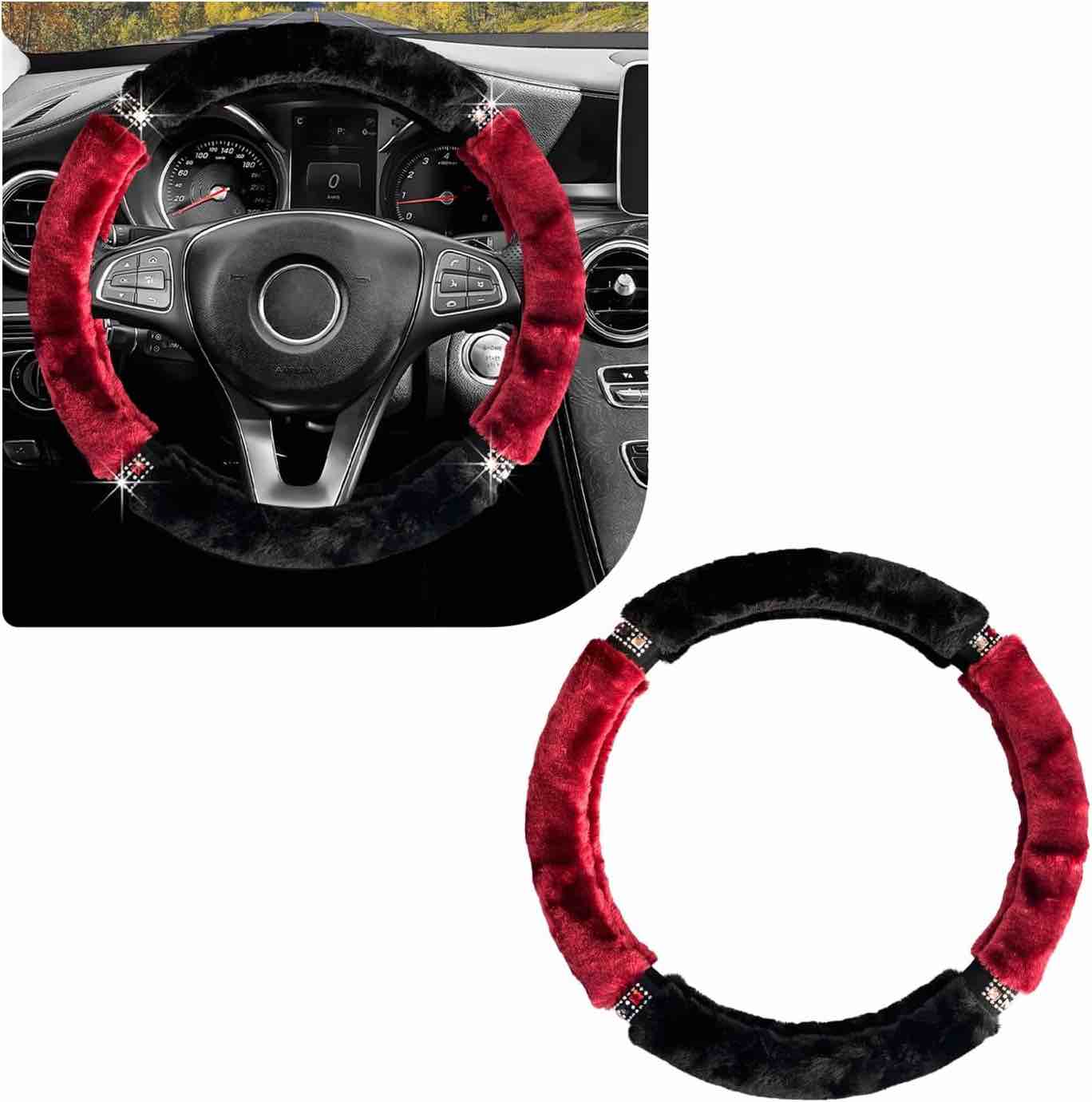 DXNQ Diamond Fluffy Steering Wheel Cover, 15 Inch Bling Crystal Rhinestones Steering Wheel Protector