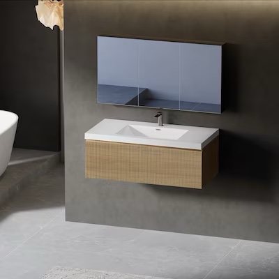 42'' Floating Bathroom Vanity With Sink Combo, Modern Wall-Mounted Striped Bathroom Storage Cabinet With Soft-Close Drawer And Glossy White Solid Surface Basin, Natural Oak G