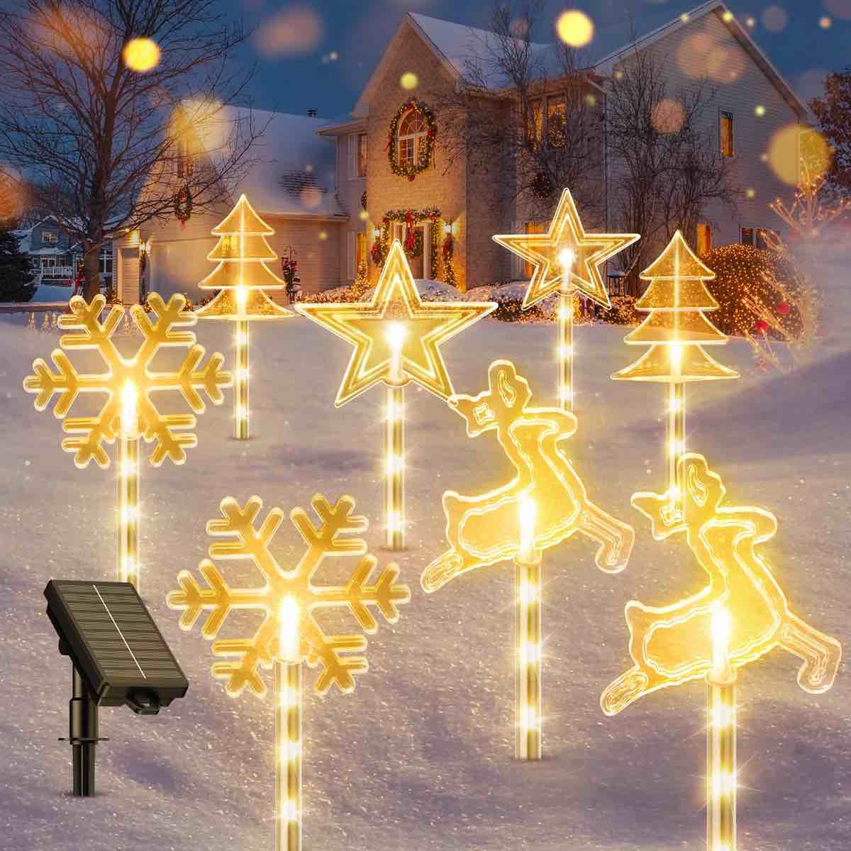 Outdoor Christmas Decorations Solar Stake Lights, Solar Christmas Pathway Lights Outdoor Waterproof With 10 Modes, Warm White Led Xmas Lighting Yard Stake For Path Lawn Patio Decor (Set of 8)