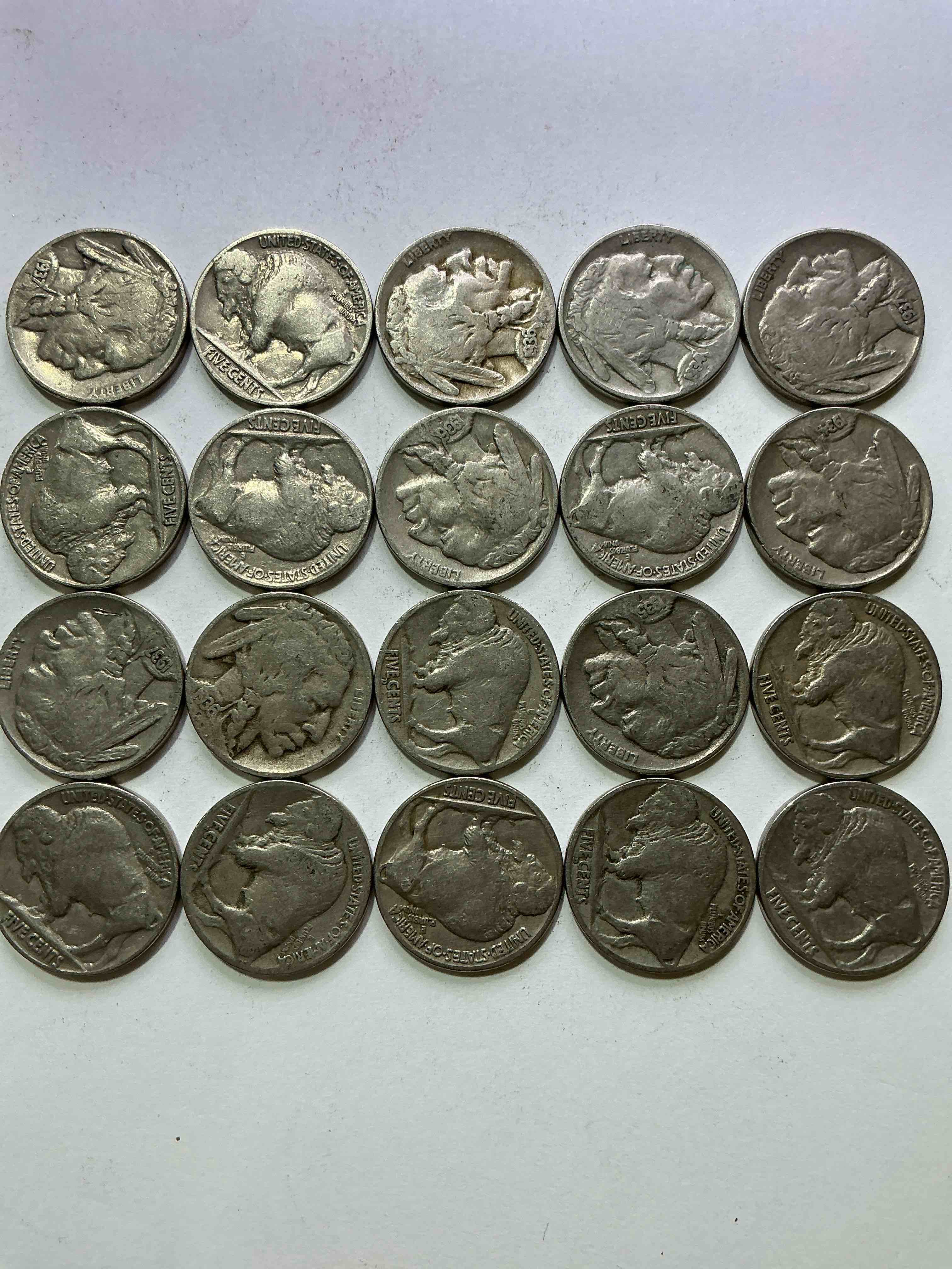 Condition photo showing Good Condition for Historic Buffalo Nickels! Indian Head Buffalo Nickels Were Minted From 1913 To 1938 & Have Become A Favorite For Coin Collectors Around The World! Own Pieces Of American History With These Cool Indian Head Buffalo Nickels In Circulated Condition, Most With Visible Dates Which Is Very Rare For Buffalo Nickels!