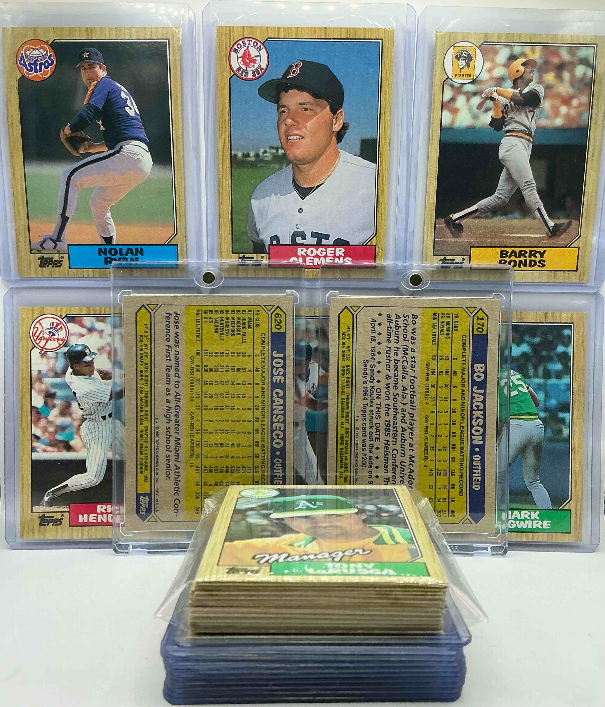 Condition photo showing New/Like New for Jose Canseco & Bo Jackson Rookies! 1987 Topps Baseball 50 Card Craziness! Bo Jackson, Barry Bonds, Kirby Puckett, Tom Glavine, Rickey Henderson, Don Mattingly, Cal Ripken, Wade Boggs, Doc Gooden, Fernando Valenzuela, Nolan Ryan, Roger Clemens, George Brett, Tony Gwynn & More! The BEST Players From The Time! Super Rare Set With All Of These Stars! 50 Card Craziness! Legends, Heroes & Commons!
