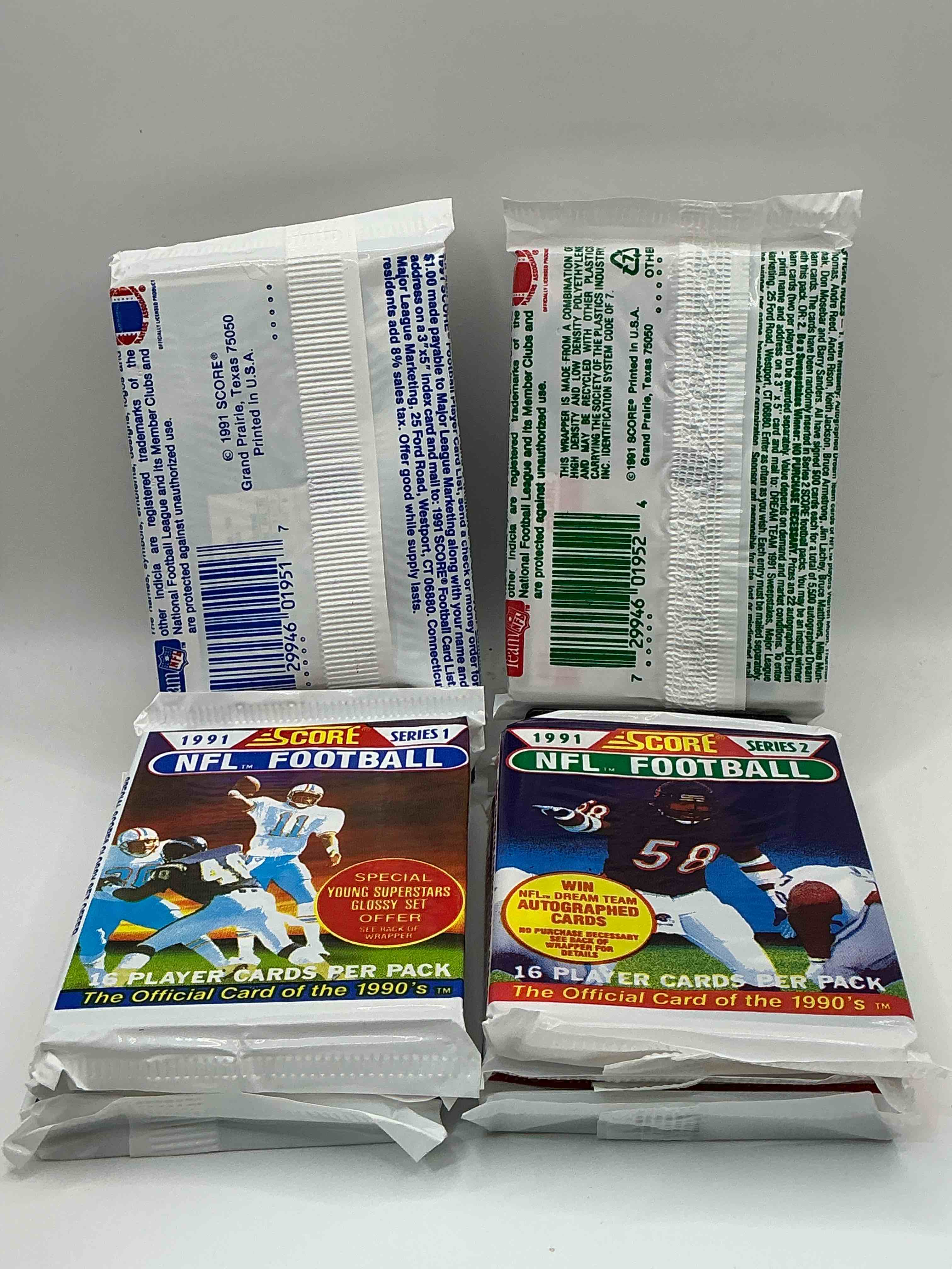 Condition photo showing New/Like New for 1991 NFL Score Football Sealed Card Packs Series I & II, Direct From Original Retail Case! These Cards Are Sought After By Collectors For Their Awesome, Nostalgic Look. Search For Brett Favre Rookie, Early Jerry Rice, Early Emmit Smith, Joe Montana & So Much More!