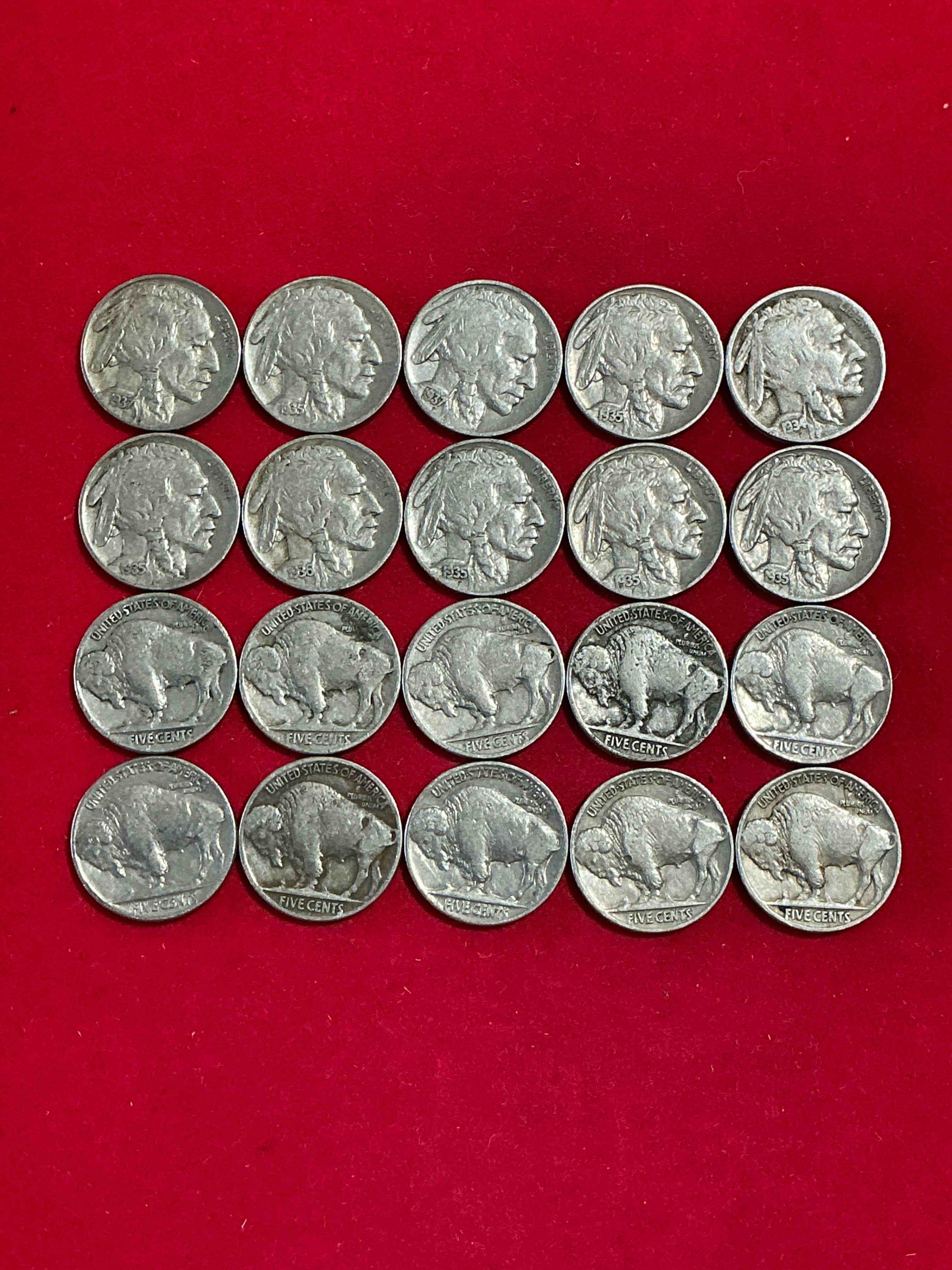 Condition photo showing Good Condition for Historic Buffalo Nickels! Indian Head Buffalo Nickels Were Minted From 1913 To 1938 & Have Become A Favorite For Coin Collectors Around The World! Own Pieces Of American History With These Cool Indian Head Buffalo Nickels In Circulated Condition, Most With Visible Dates Which Is Very Rare For Buffalo Nickels!