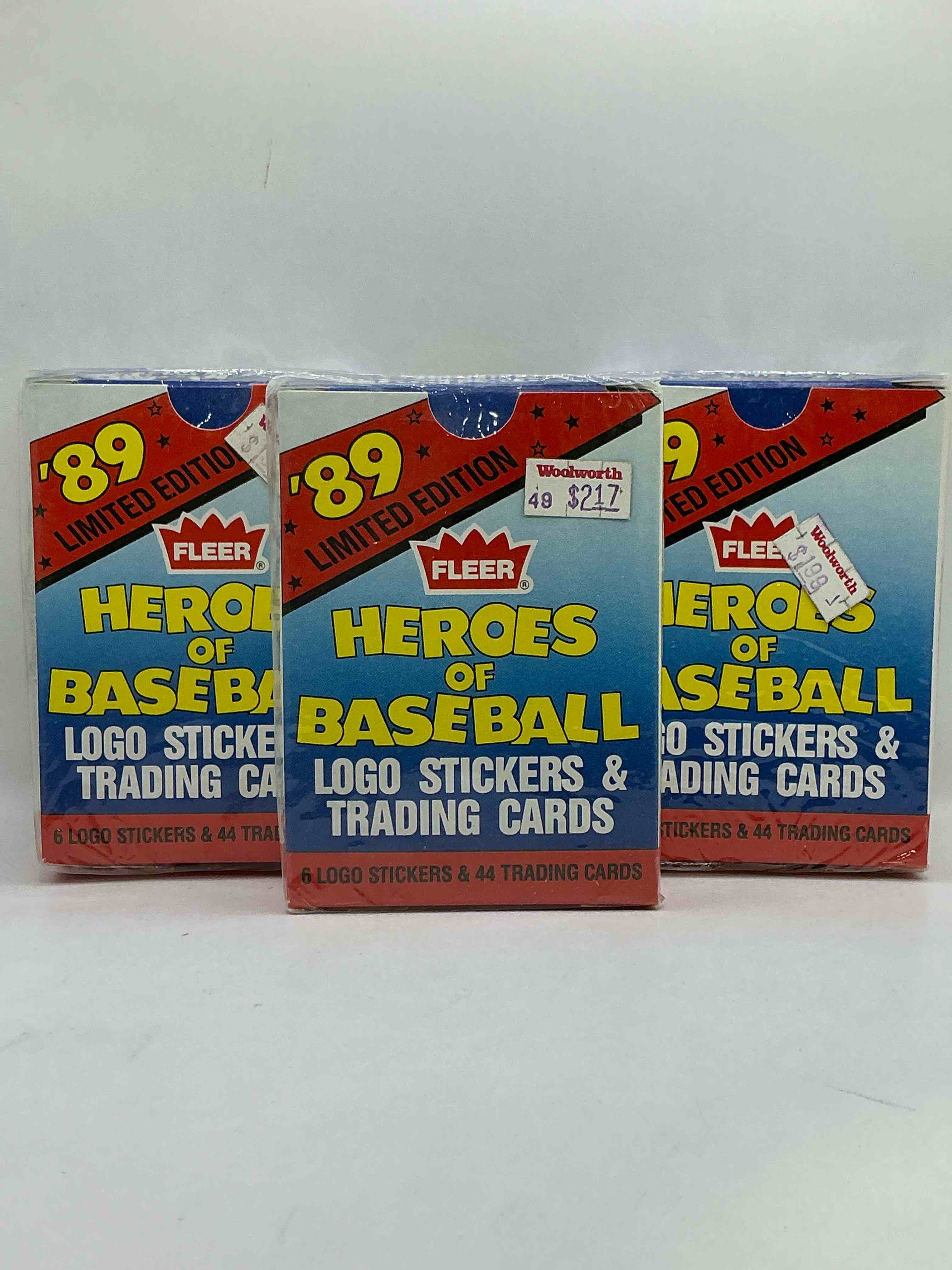Condition photo showing New/Like New for 1989 Fleer Heroes Of Baseball Unopened Limited Edition Trading Cards, 44 Cards! George Bell, Wade Boggs, Barry Bonds, Eric Davis, Kirk Gibson, Tony Gwynn, Strawberry, Cal Ripken Jr, Don Mattingly & More!
