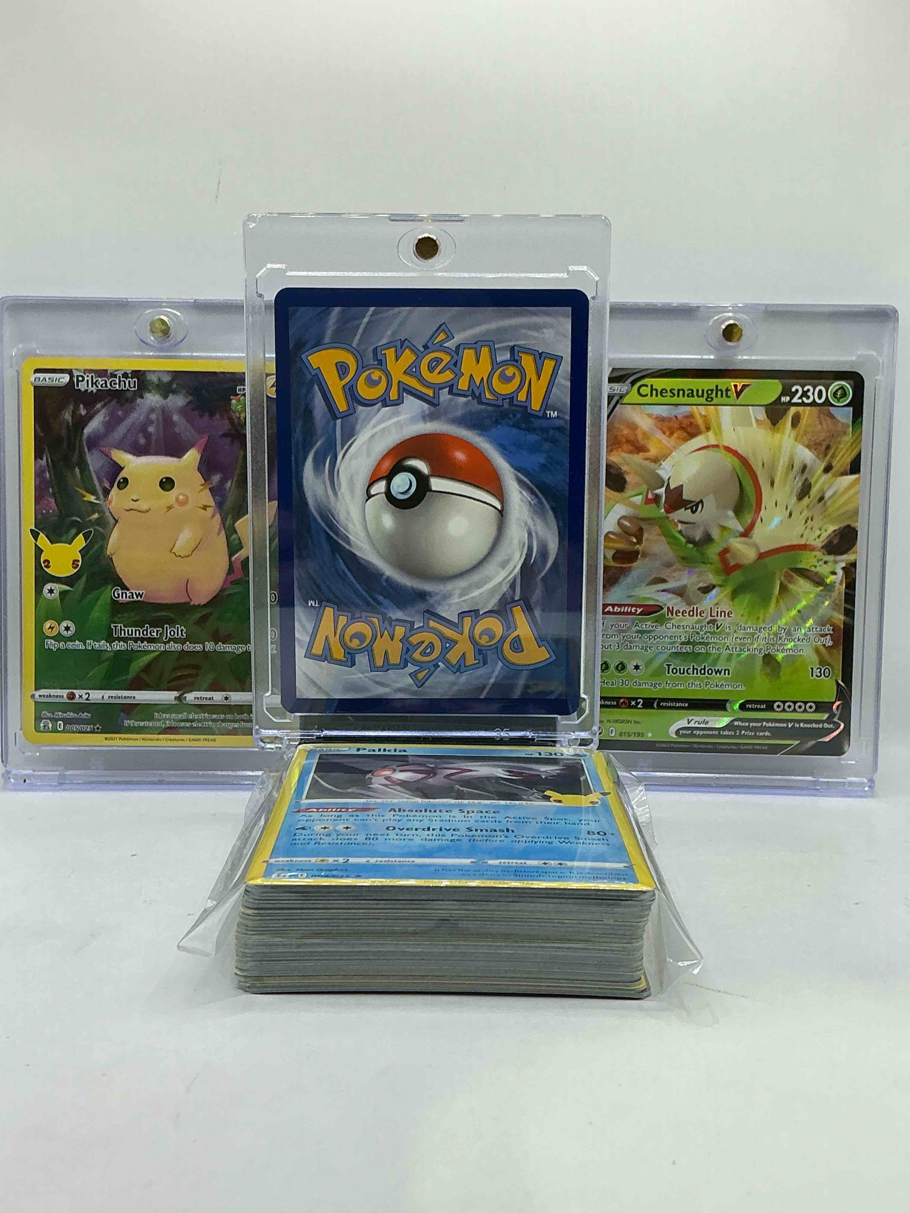 Condition photo showing New/Like New for Pikachu Holo, Stoutland V & Chesnaught V! Pokémon Palooza! This 50 Card Lot Includes Commons, Legends, Heroes & More!