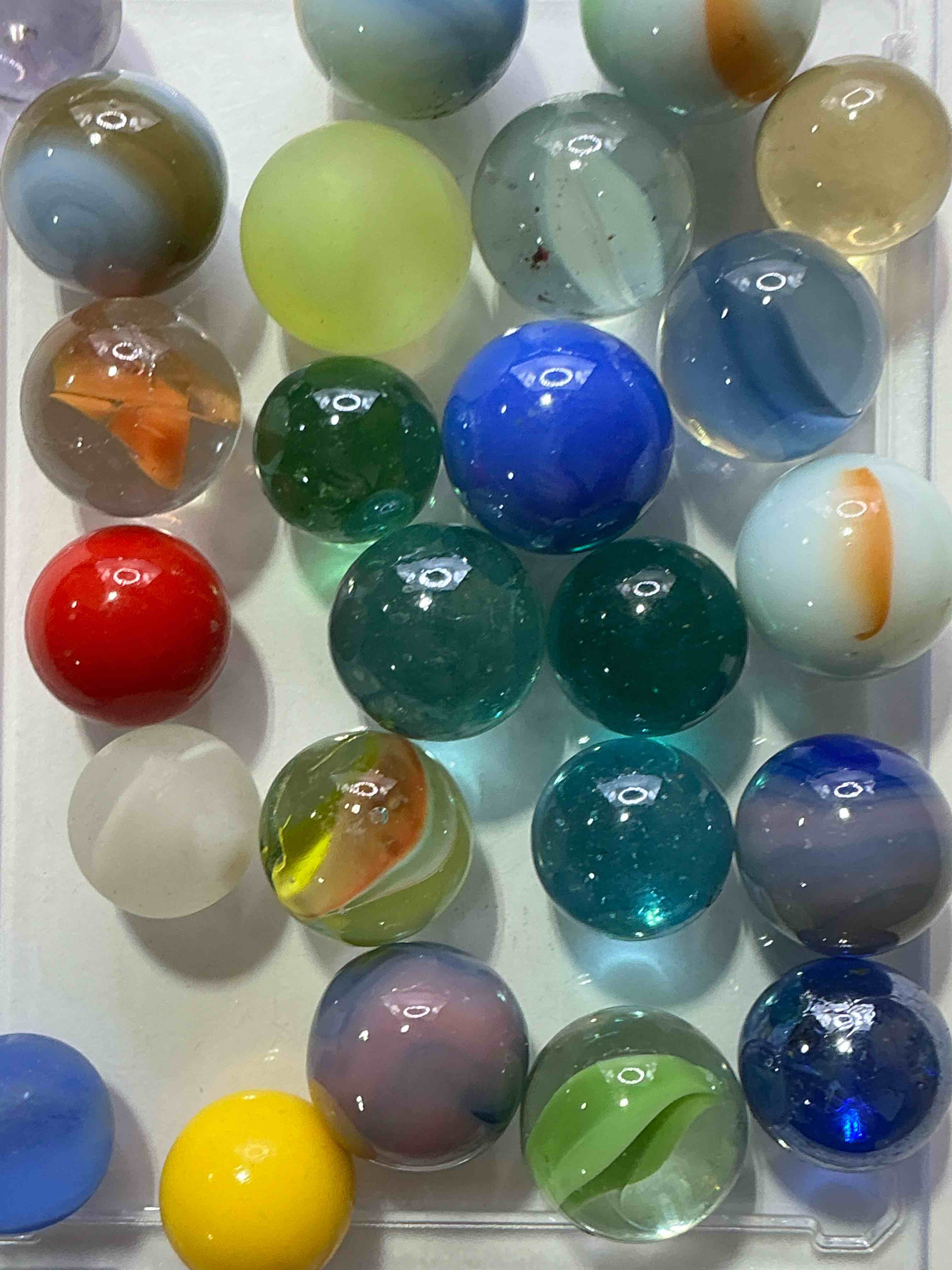 Condition photo showing Good Condition for Antique Glass Marbles! Genuine Stunning Marbles Lot, All Marbles Made Between The Years 1925-1965 & Made With Uranium! Many Are Great Depression Era & Even Earlier! Gorgeous, Authentic Pieces Of History!  