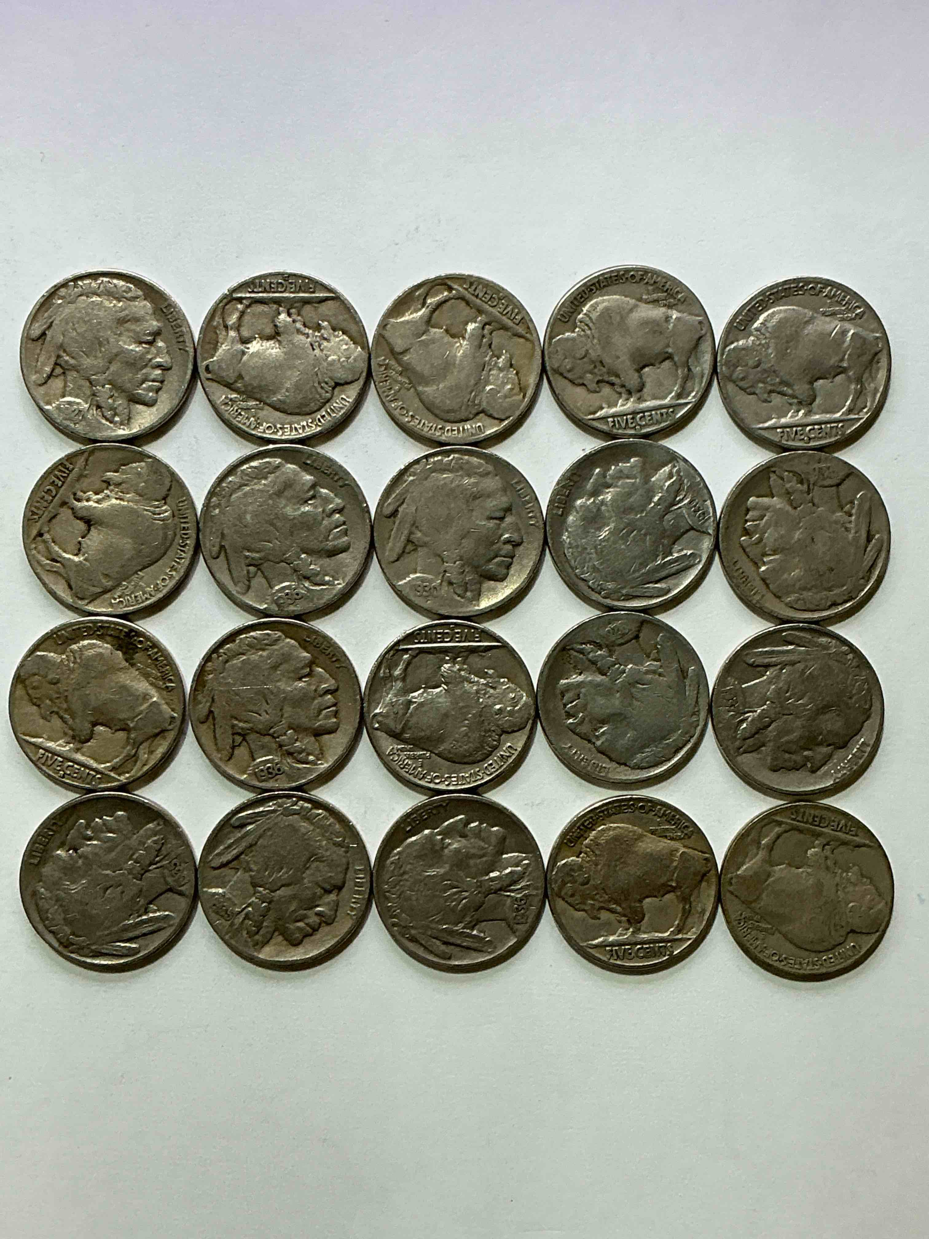 Condition photo showing Good Condition for Historic Buffalo Nickels! Indian Head Buffalo Nickels Were Minted From 1913 To 1938 & Have Become A Favorite For Coin Collectors Around The World! Own Pieces Of American History With These Cool Indian Head Buffalo Nickels In Circulated Condition, Most With Visible Dates Which Is Very Rare For Buffalo Nickels!