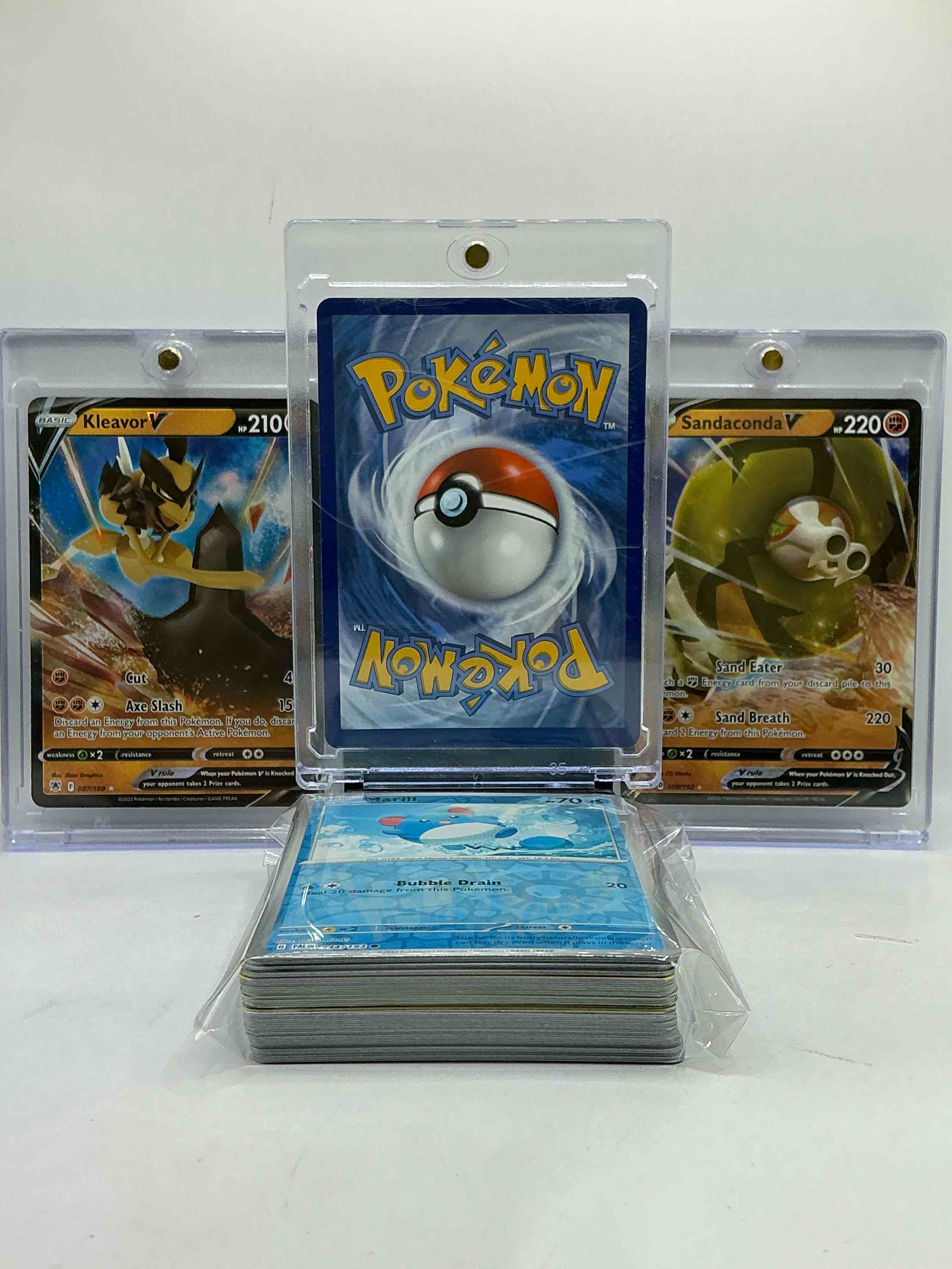 Condition photo showing New/Like New for Lucario V, Kleavor V & Sandaconda V! Pokémon Palooza! This 50 Card Lot Includes Commons, Legends, Heroes, Holos & More! WOW! Pokémon Party!