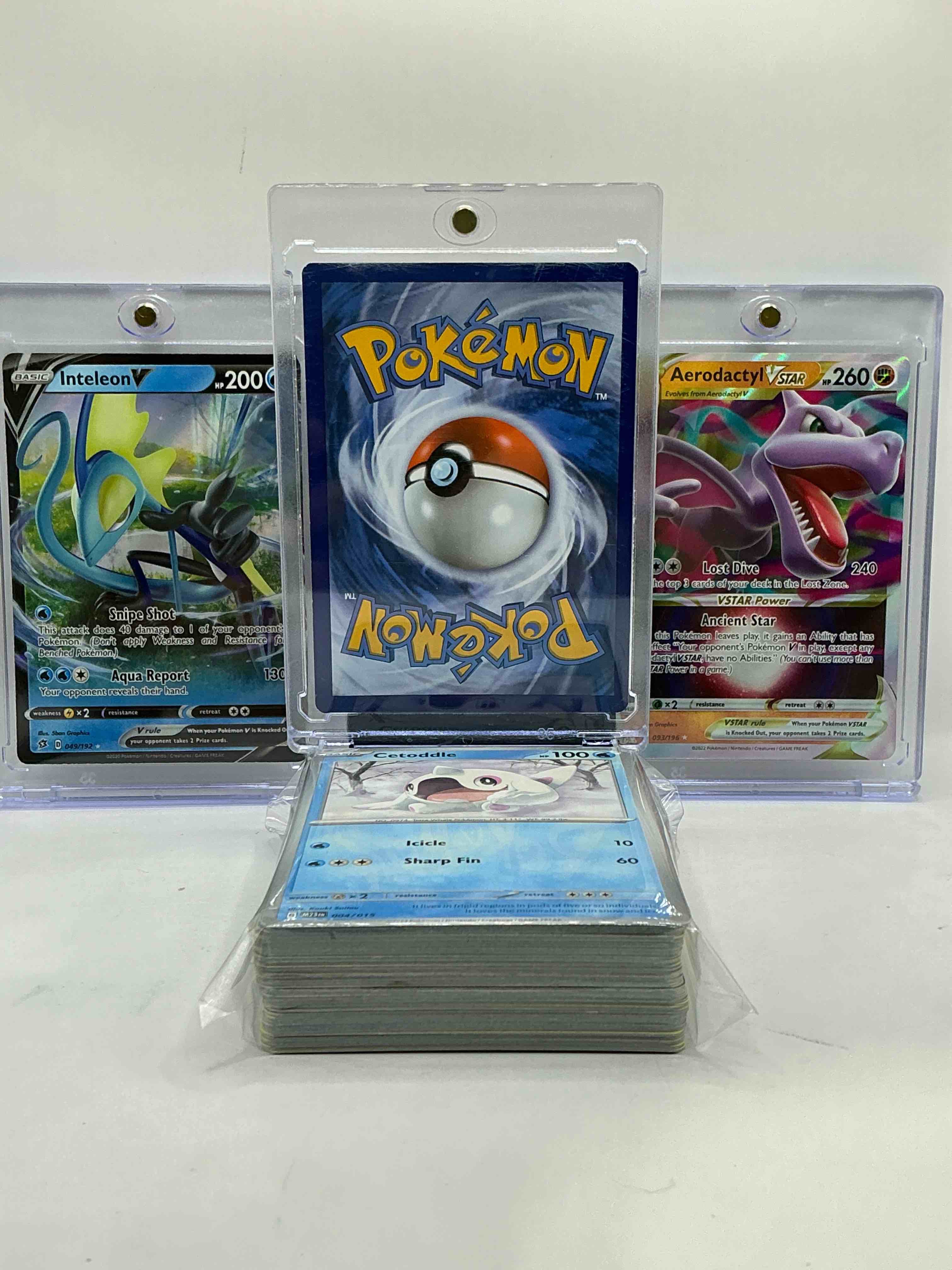 Condition photo showing New/Like New for Pikachu Holo, Aerodactyl VSTAR, Inteleon V & More! Insane Trio! This Insane 50 Card Lot! Commons, Legends, Heroes & More! Pokémon Palooza!