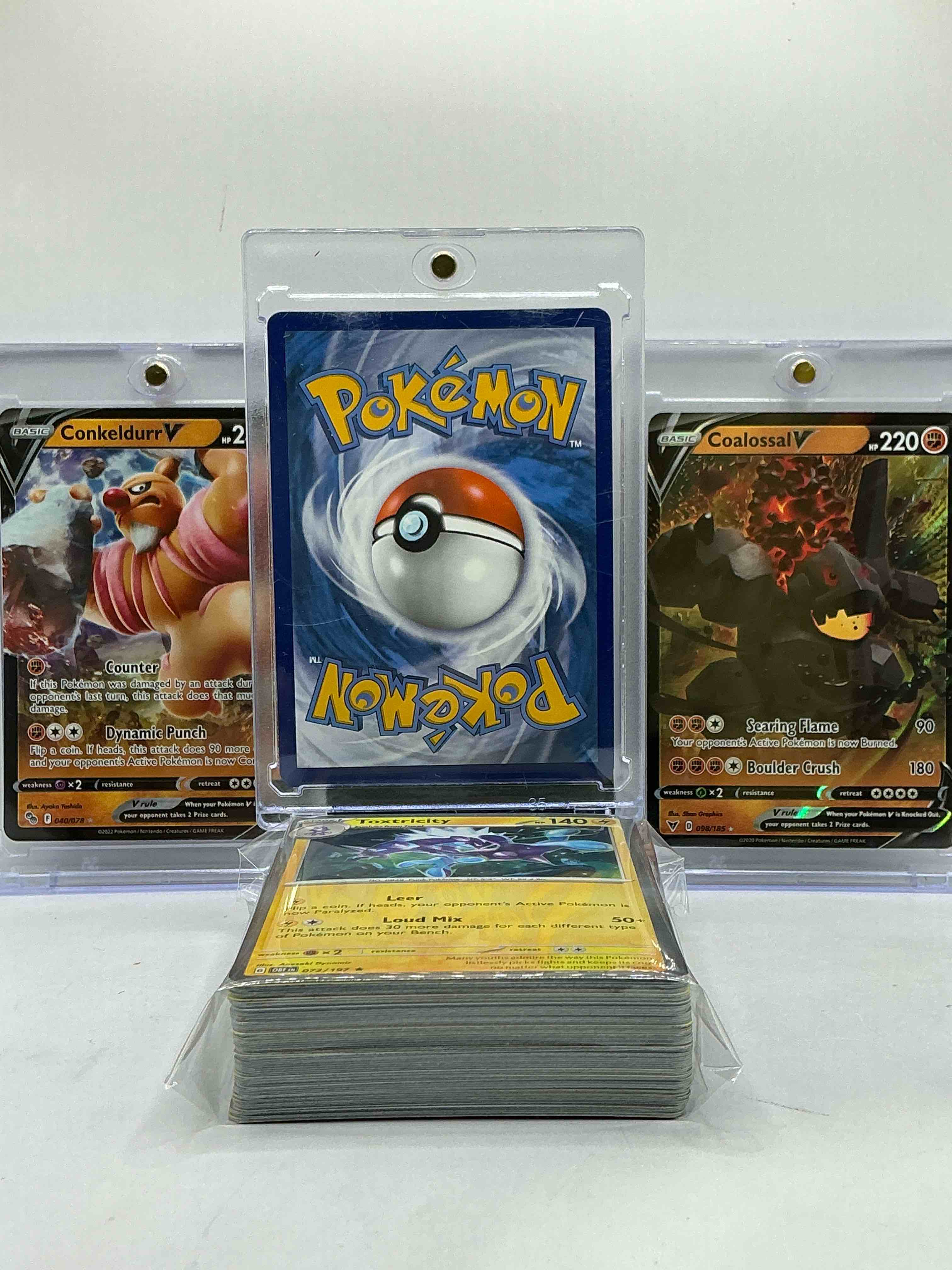 Condition photo showing New/Like New for Lucario V, Conkeldurr V & Coalossal V & More! Matching V Trio! WOW! This 50 Card Pokémon Lot Includes Commons, Legends, Holos & More! Insane Trio!