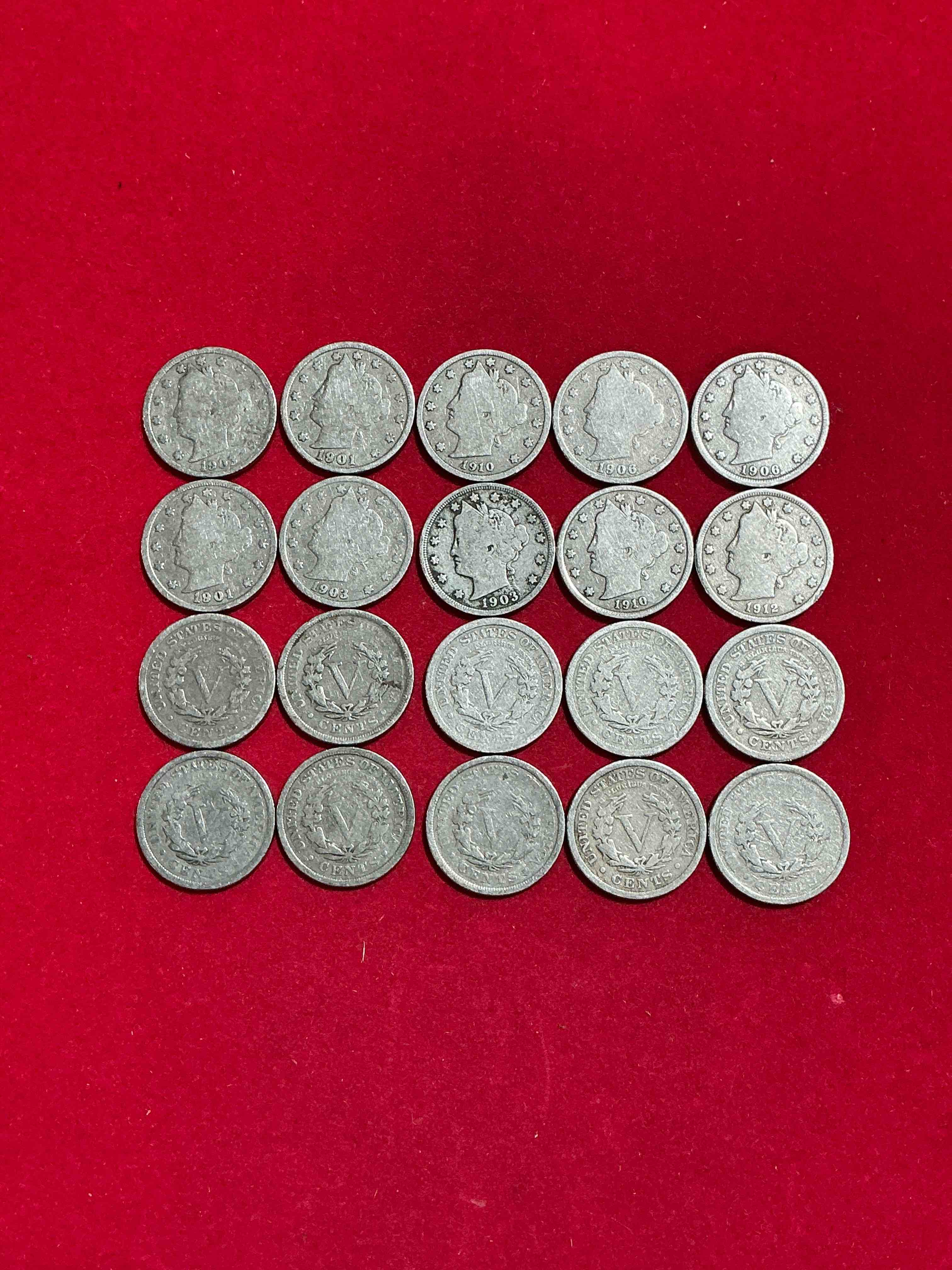Condition photo showing Good Condition for Antique U.S. V Nickels! Think Of The History These Coins Have Seen!, Liberty Head V Nickels Were Minted Up Until 1913 & Were The Style Of Nickels Before Buffalo Nickels. Own Some Cool Pieces Of History! Rare To See These Coins With The "Date On" In Circulated Condition!