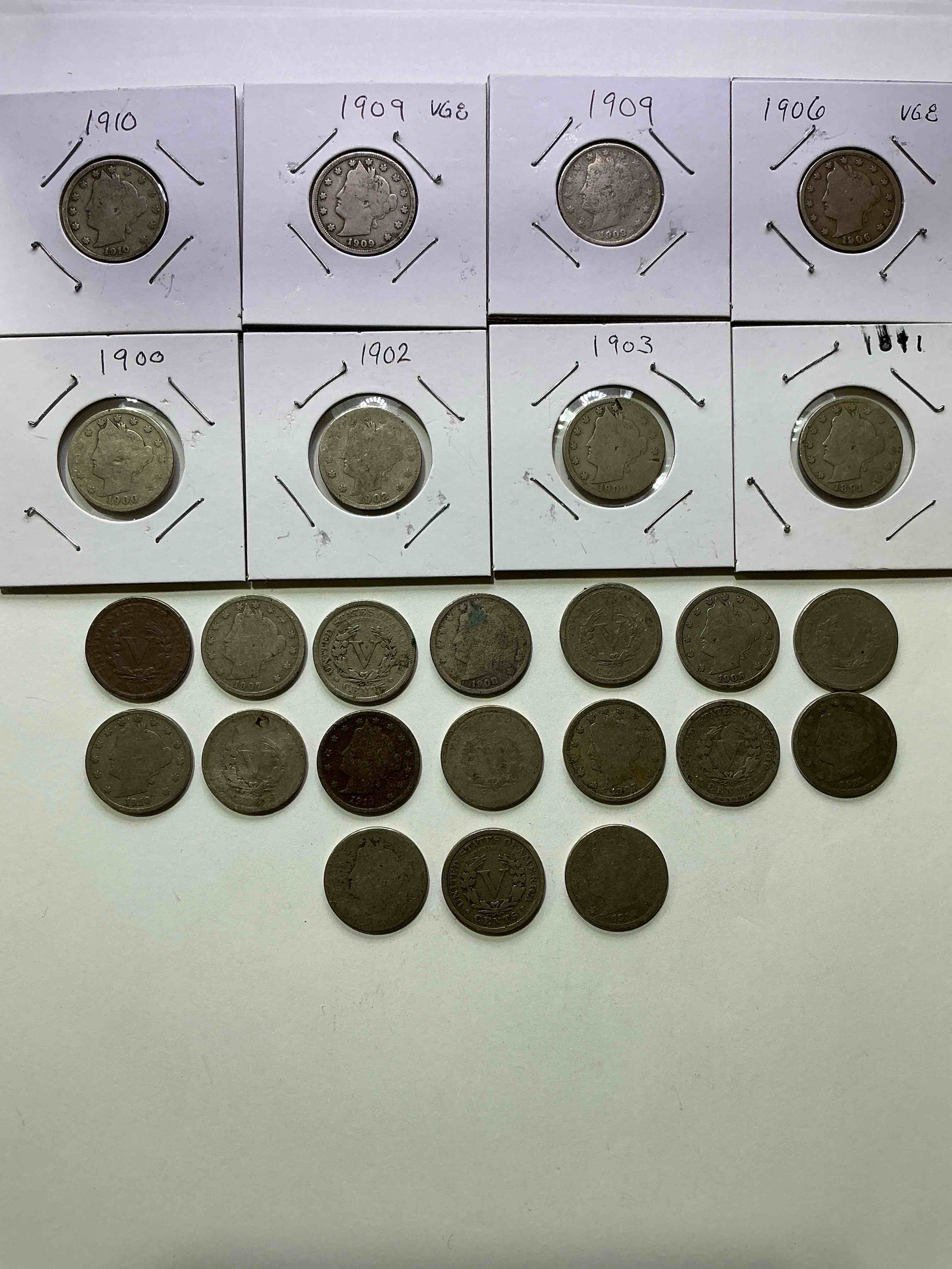 Condition photo showing Good Condition for Antique U.S. V Nickels! Think Of The History These Coins Have Seen!, Liberty Head V Nickels Were Minted Up Until 1913 & Were The Style Of Nickels Before Buffalo Nickels. Own Some Cool Pieces Of History! Rare To See These Coins With The "Date On" In Circulated Condition!
