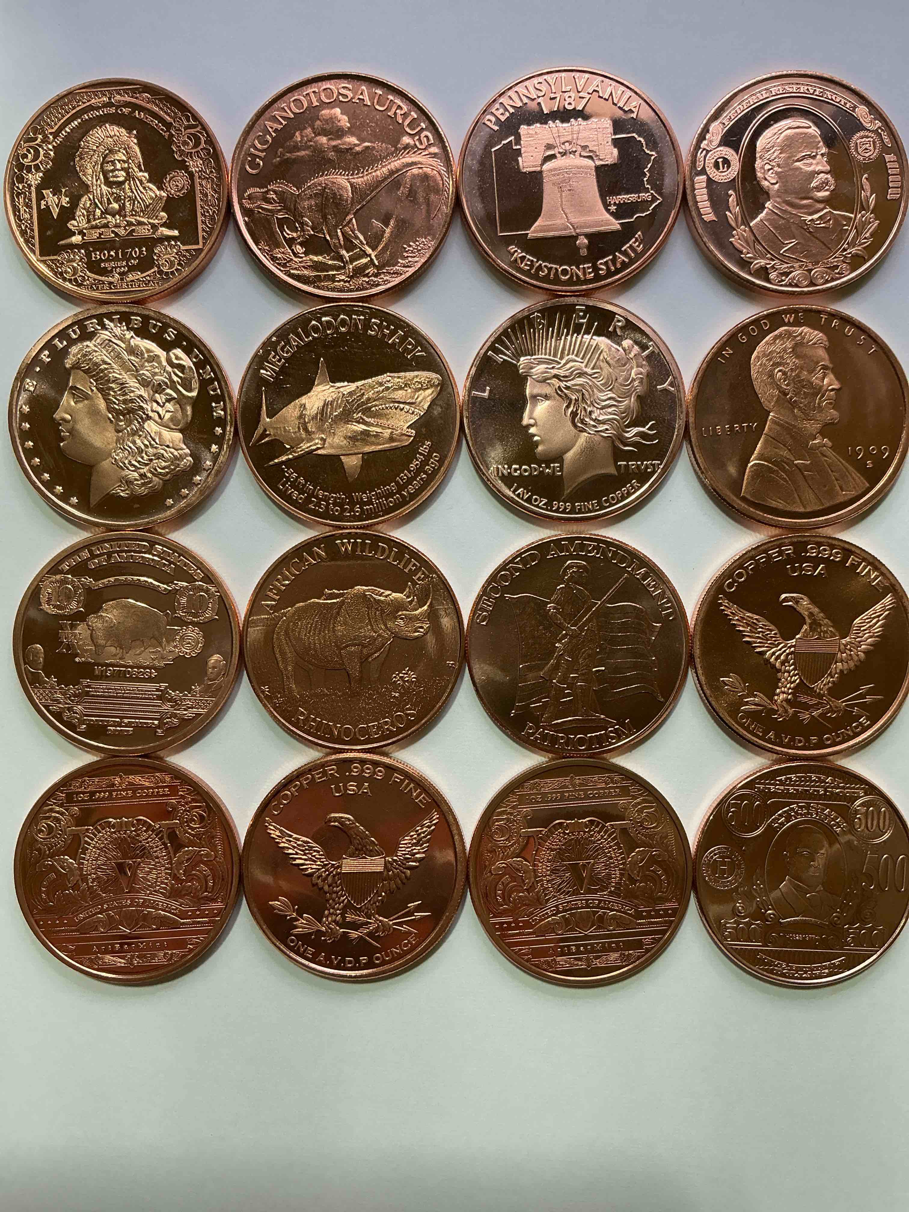 copper craziness! 1oz copper commemorative coins! all different cool & rare designs! awesome american pure copper!