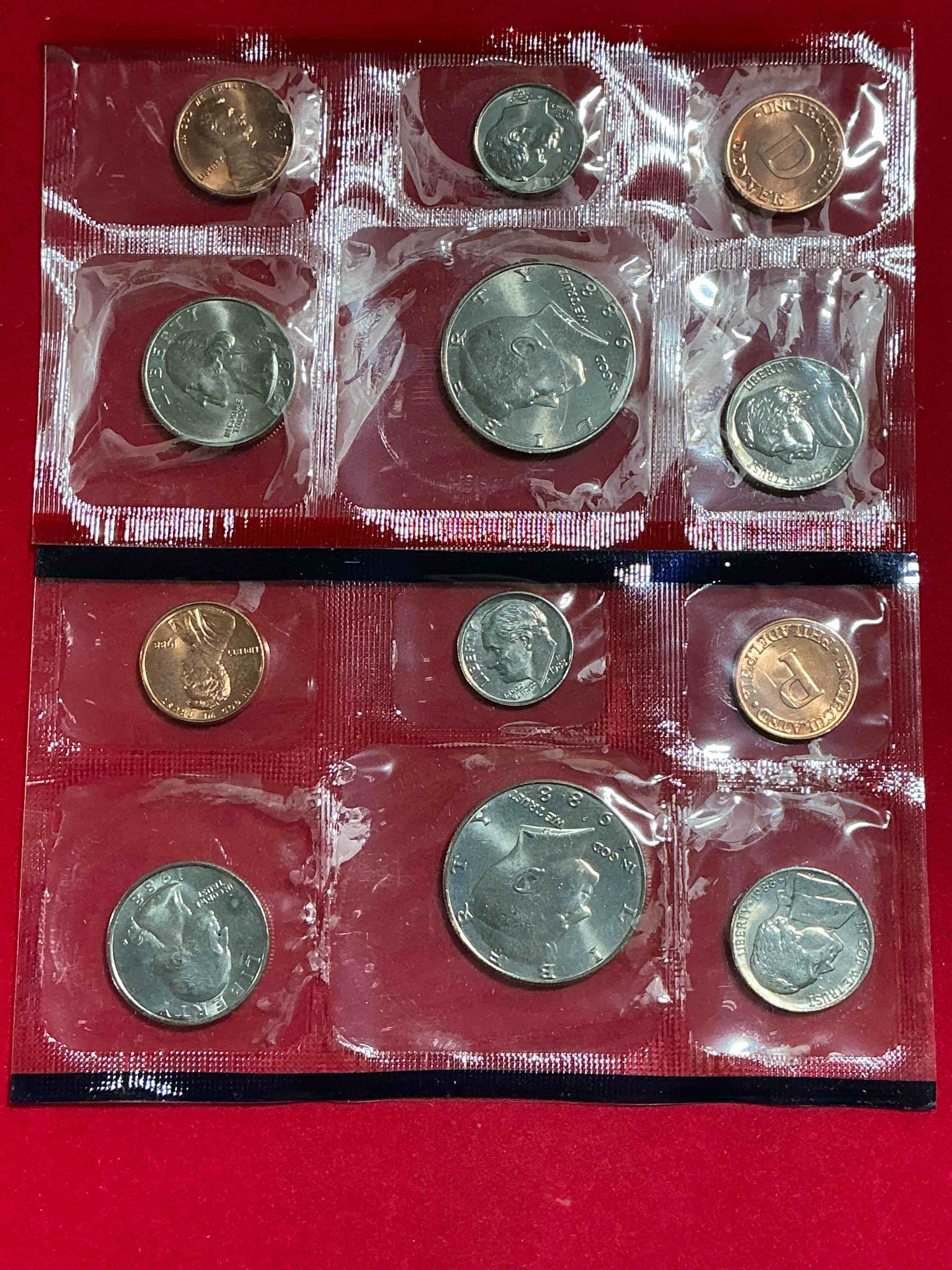1988 uncirculated mint coins! 12 coin mint from philadelphia & denver! 12 coin uncirculated lot, with quarters, nickels, half dollars, dimes, pennies & more! uncirculated coin craziness!