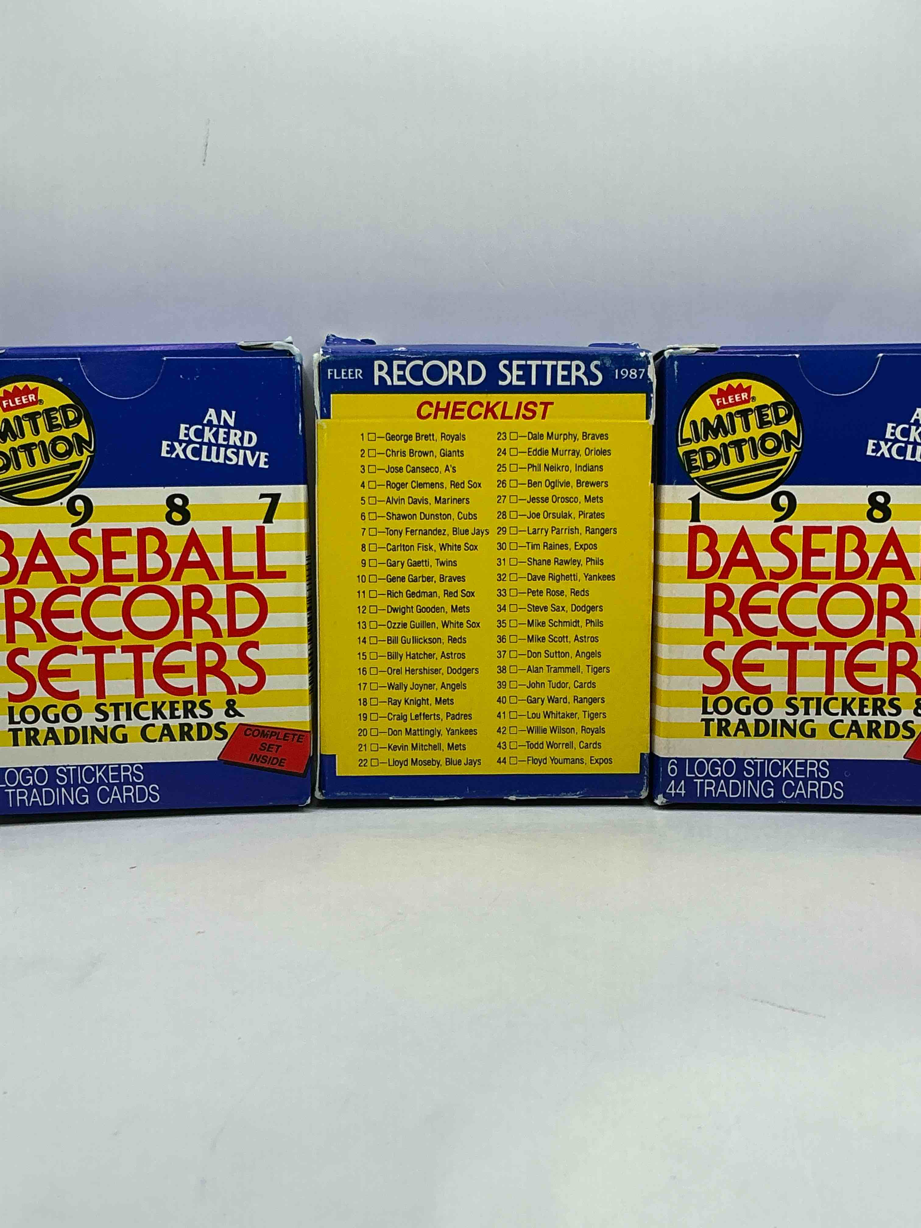 Condition photo showing New/Like New for Limited Edition Fleer 1987 Baseball Record Setters! 44 Trading Cards, George Brett, Roger Clemens, Dwight Gooden, Alan Trammell & More!