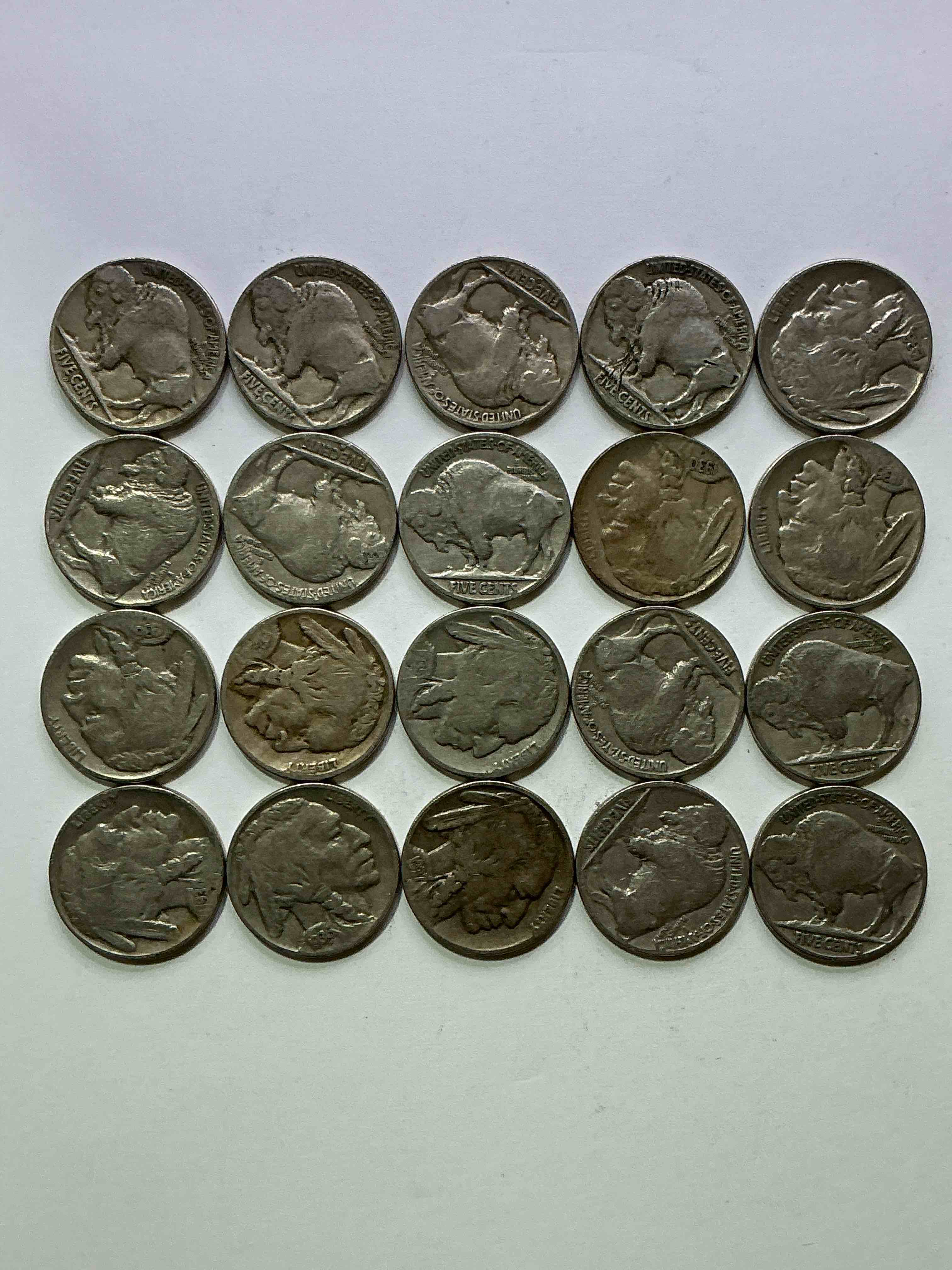 Condition photo showing Good Condition for Historic Buffalo Nickels! Indian Head Buffalo Nickels Were Minted From 1913 To 1938 & Have Become A Favorite For Coin Collectors Around The World! Own Pieces Of American History With These Cool Indian Head Buffalo Nickels In Circulated Condition, Most With Visible Dates Which Is Very Rare For Buffalo Nickels!