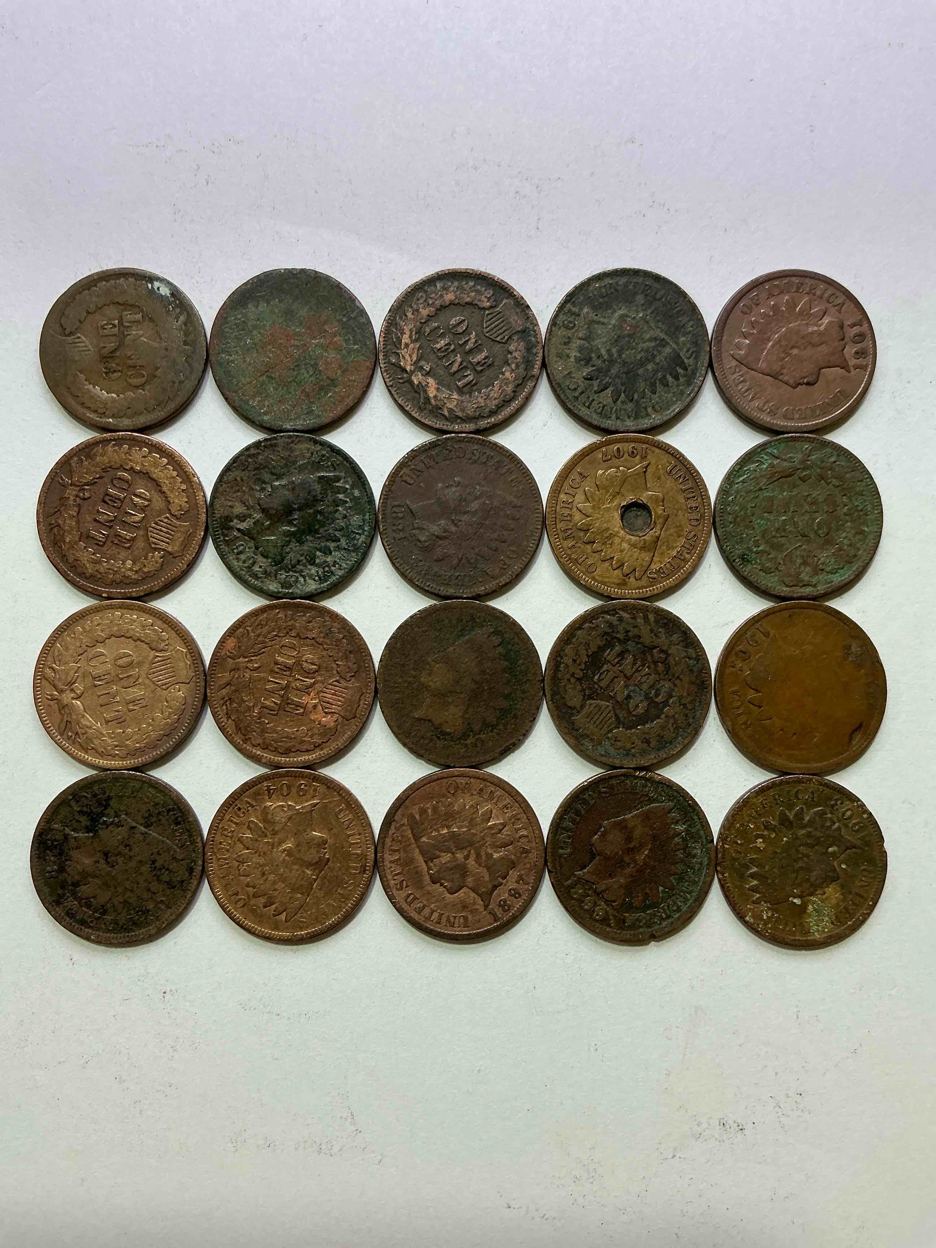 Condition photo showing Good Condition for Indian Head Pennies! These Gorgeous U.S. Pennies Were Minted From 1859-1909 & Have Become Serious Collector Items! The "Indian Head" Design Is Actually A Representation Of Lady Liberty Wearing An Indian Headdress. Here Are Beautiful, Well-Kept Examples Representing Many Different Mint Years! Great For Collecting, Investing & Learning History, & Rare With Visible Dates!