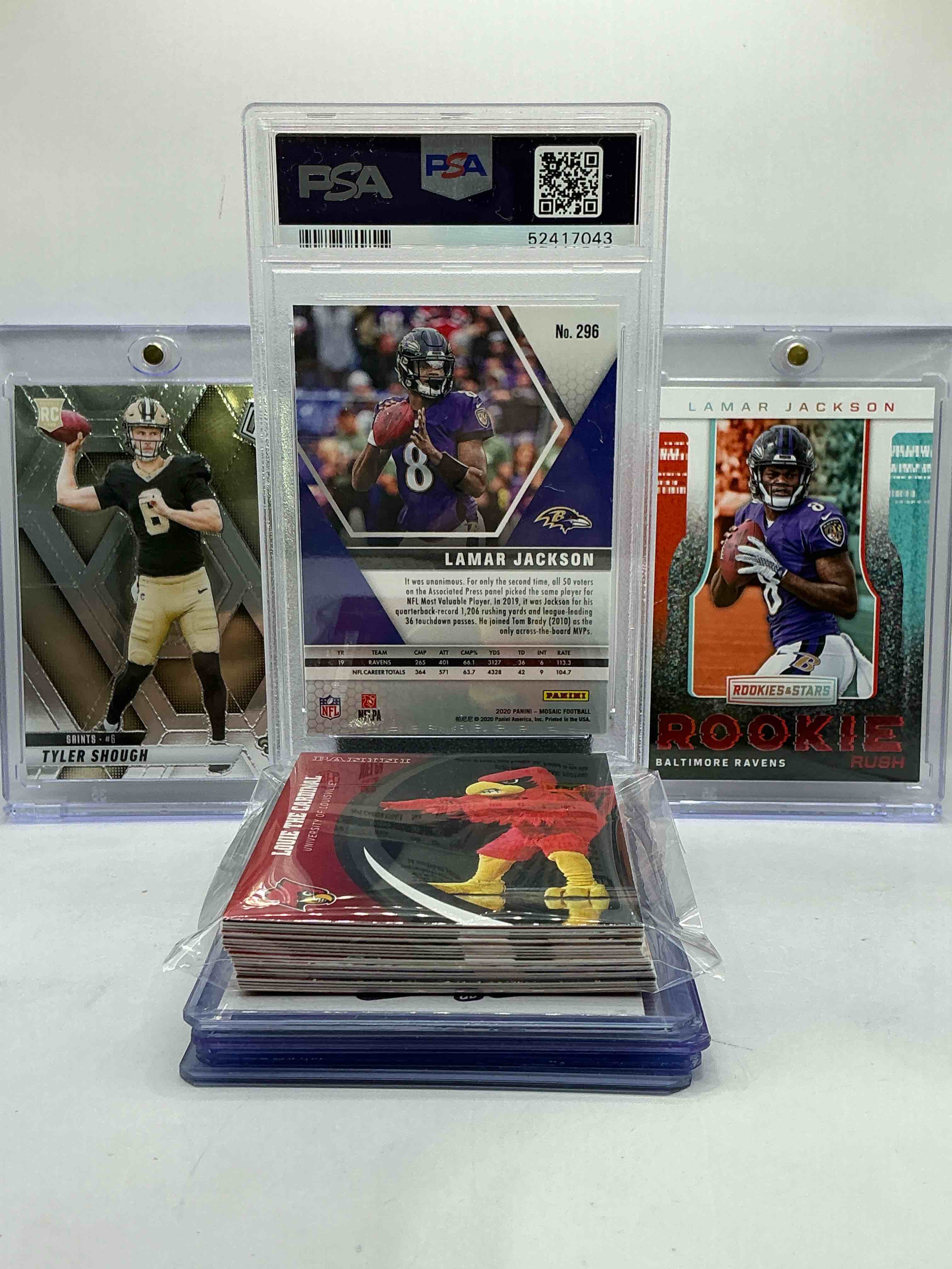 Condition photo showing New/Like New for Lamar Jackson PSA 10 Mosaic Card, Rookies & Stars Rookie & Tyler Shough Mosaic Rookie! WOW! What A Trio! Louisville Legends Lot! 30 Card Lot! Legends, Heroes & More! Cardinal Craziness!