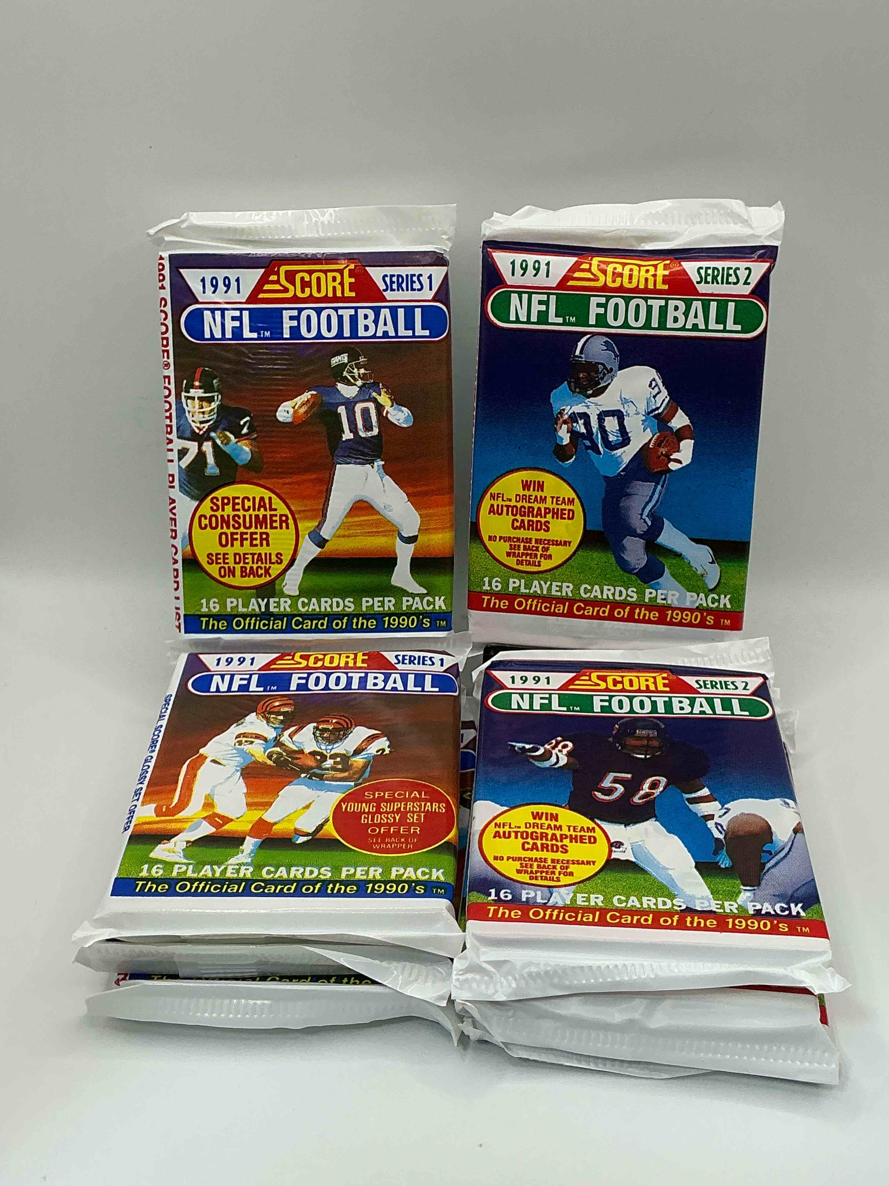 1991 nfl score football sealed card packs series i & ii, direct from original retail case! these cards are sought after by collectors for their awesome, nostalgic look. search for brett favre rookie, early jerry rice, early emmit smith, joe montana & so much more!