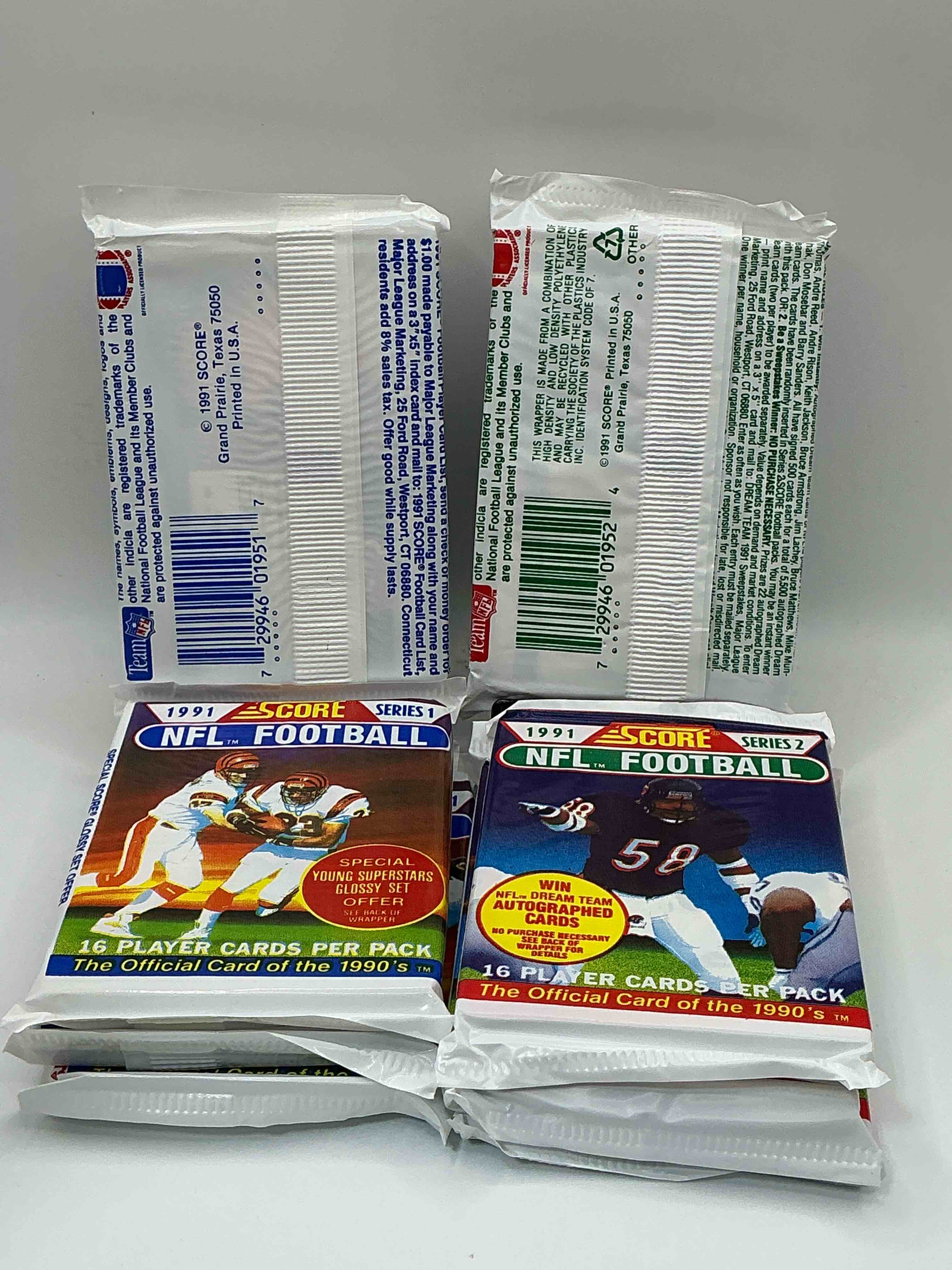 Condition photo showing New/Like New for 1991 nfl score football sealed card packs series i & ii, direct from original retail case! these cards are sought after by collectors for their awesome, nostalgic look. search for brett favre rookie, early jerry rice, early emmit smith, joe montana & so much more!