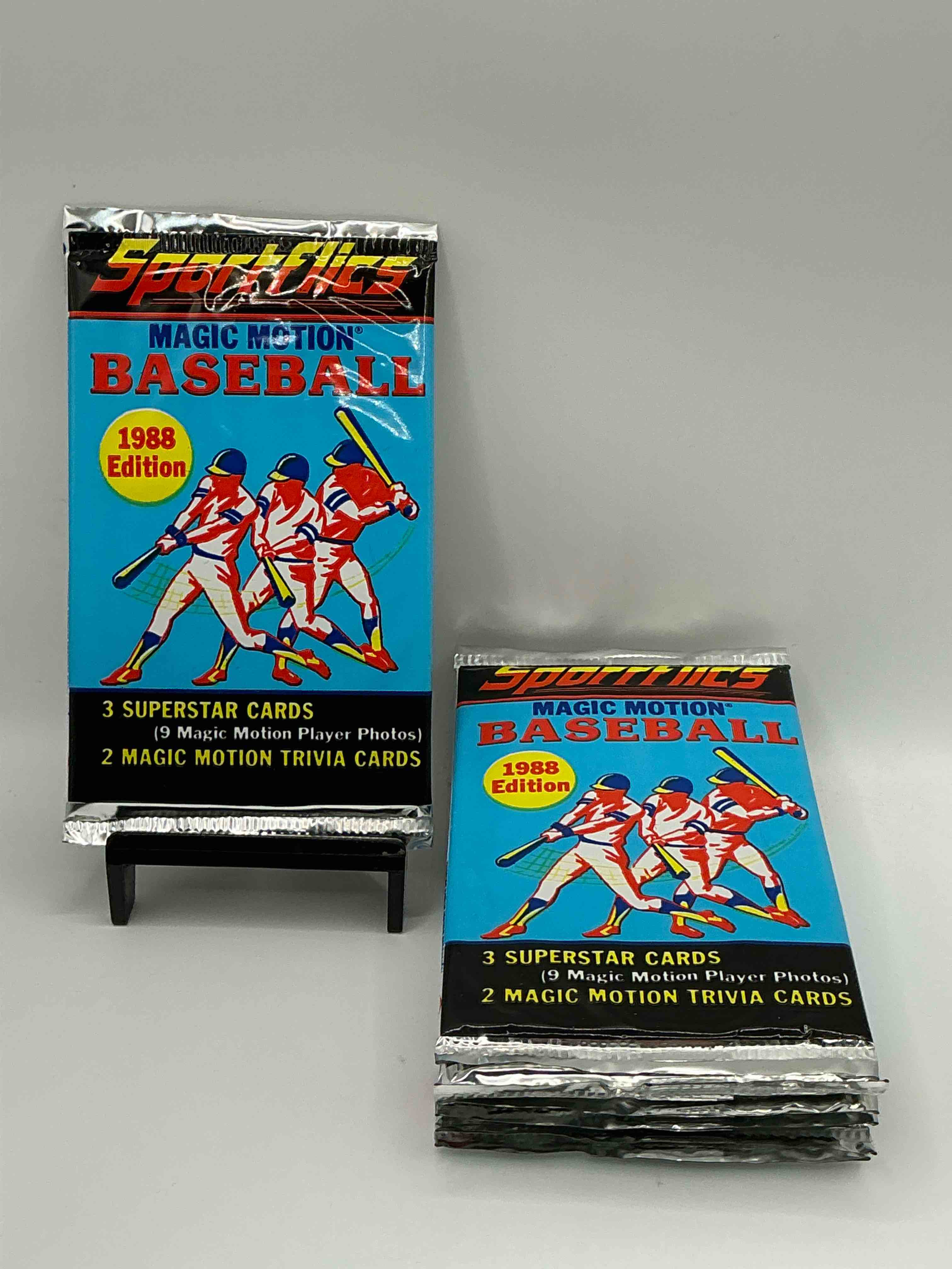 1988 sportflics magic motion baseball mlb packs, direct from retail sealed case! find 3 superstar cards & 2 magic motion trivia cards per pack! great for any baseball fans!