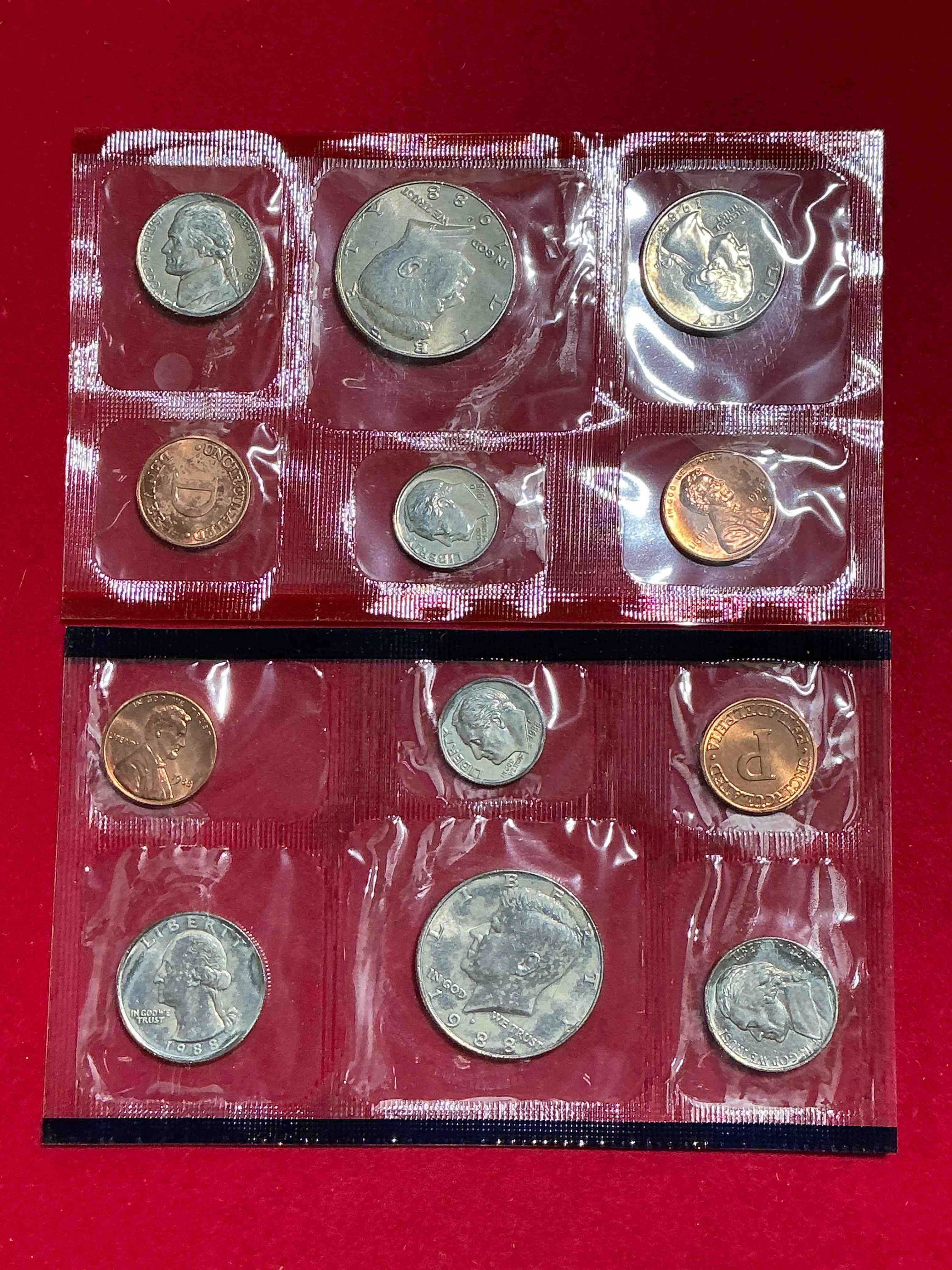 1988 uncirculated mint coins! 12 coin mint from philadelphia & denver! 12 coin uncirculated lot, with quarters, nickels, half dollars, dimes, pennies & more! uncirculated coin craziness!