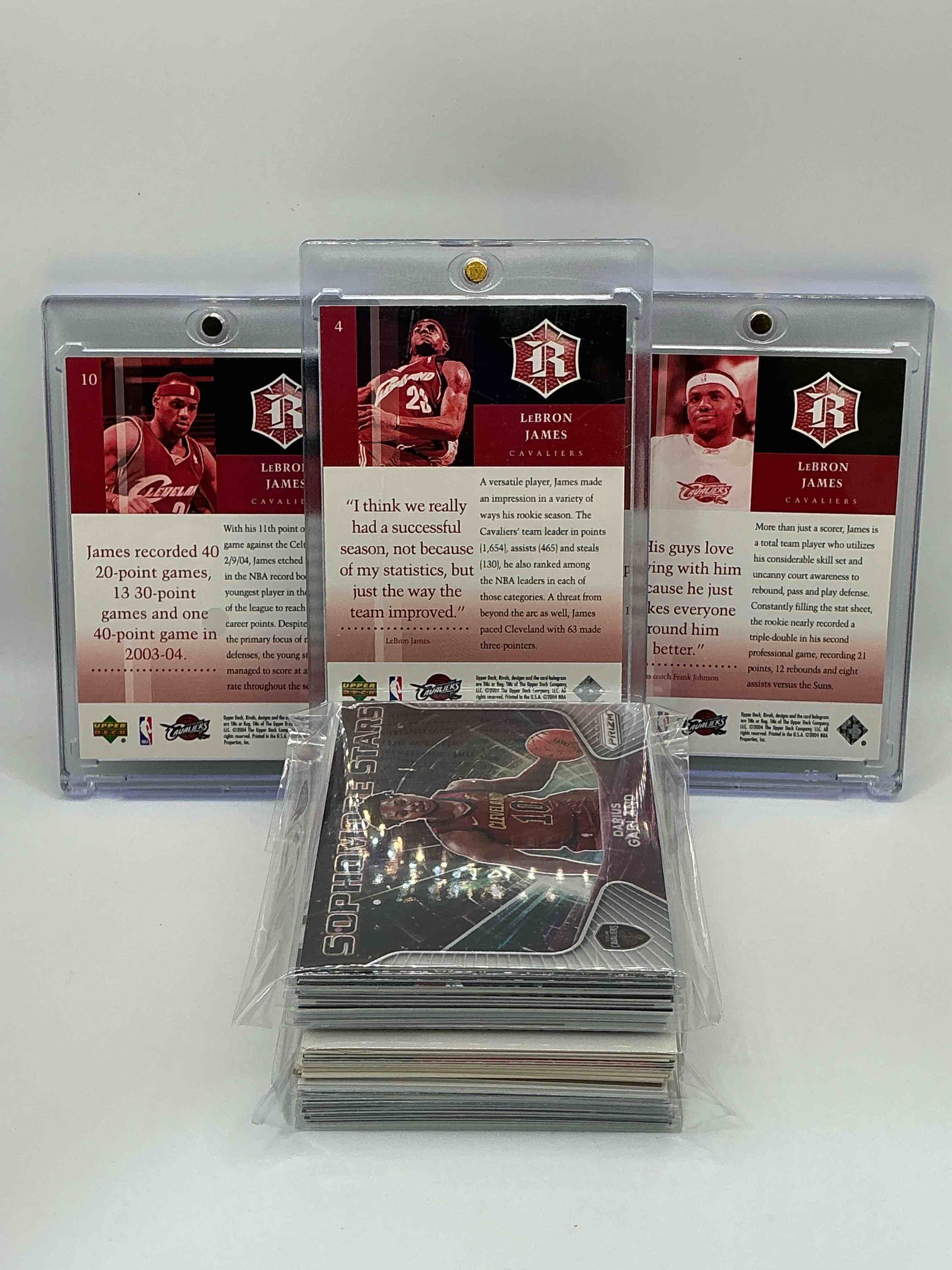 Condition photo showing New/Like New for lebron & cavaliers craziness! 2004 upper deck rivals second year lebron james trio! along with 50 other cavaliers heroes, legends, rookies & commons!