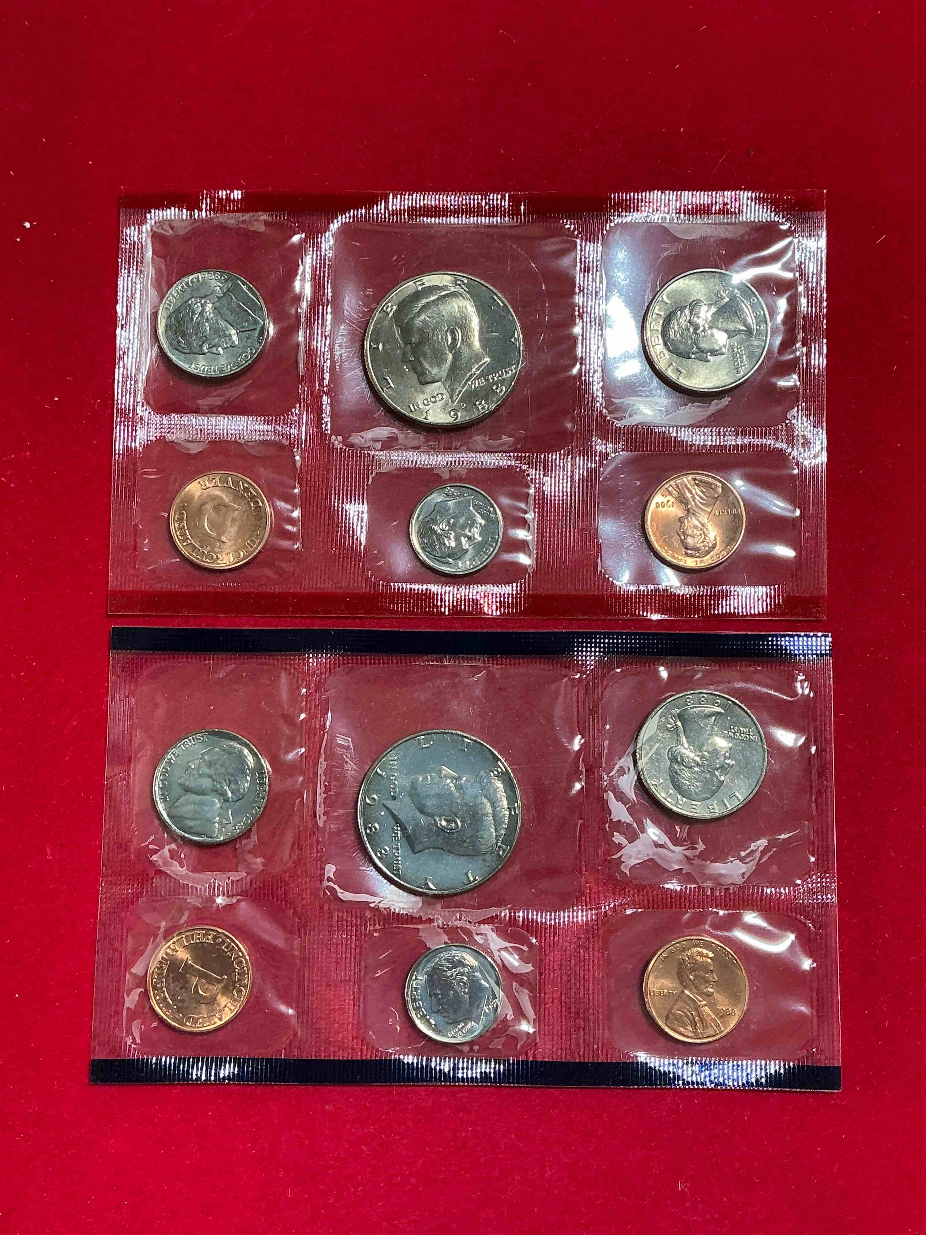 1988 uncirculated mint coins! 12 coin mint from philadelphia & denver! 12 coin uncirculated lot, with quarters, nickels, half dollars, dimes, pennies & more! uncirculated coin craziness!