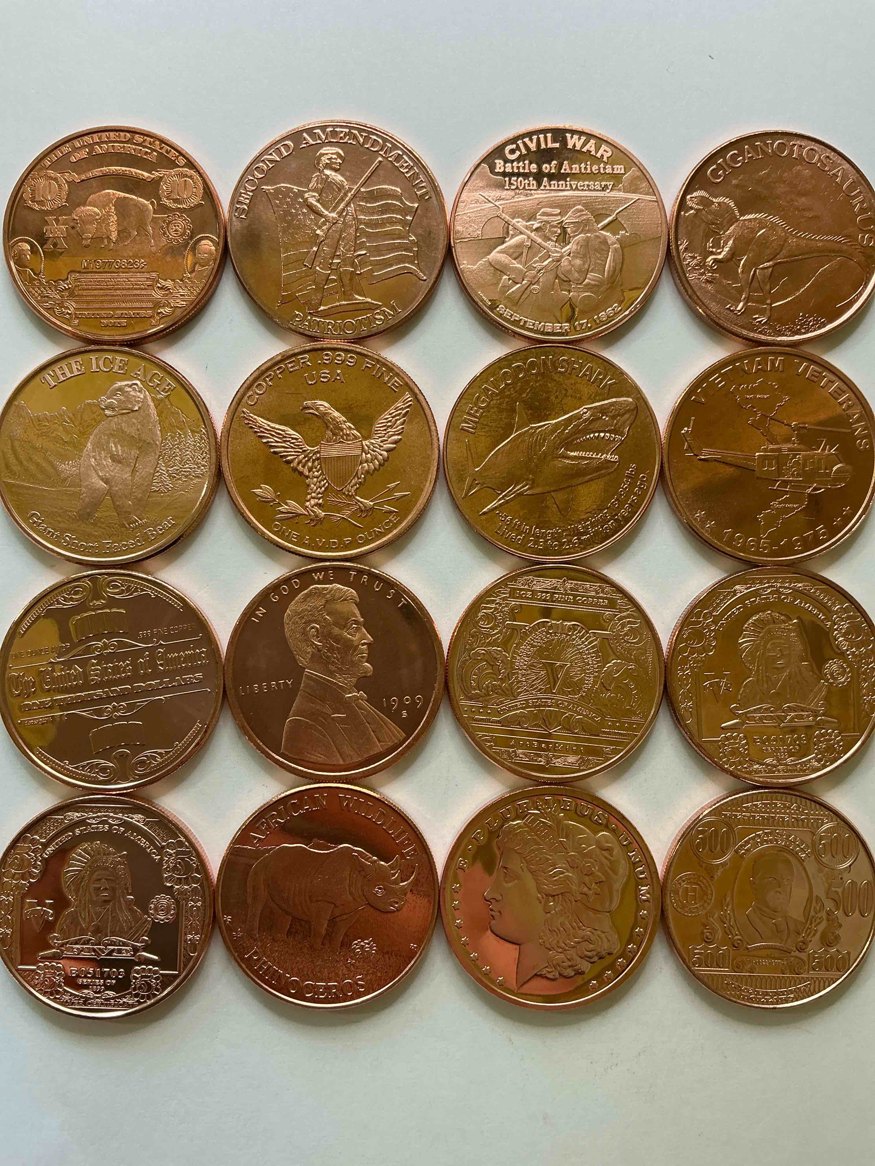copper craziness! 1oz copper commemorative coins! all different cool & rare designs! awesome american pure copper!