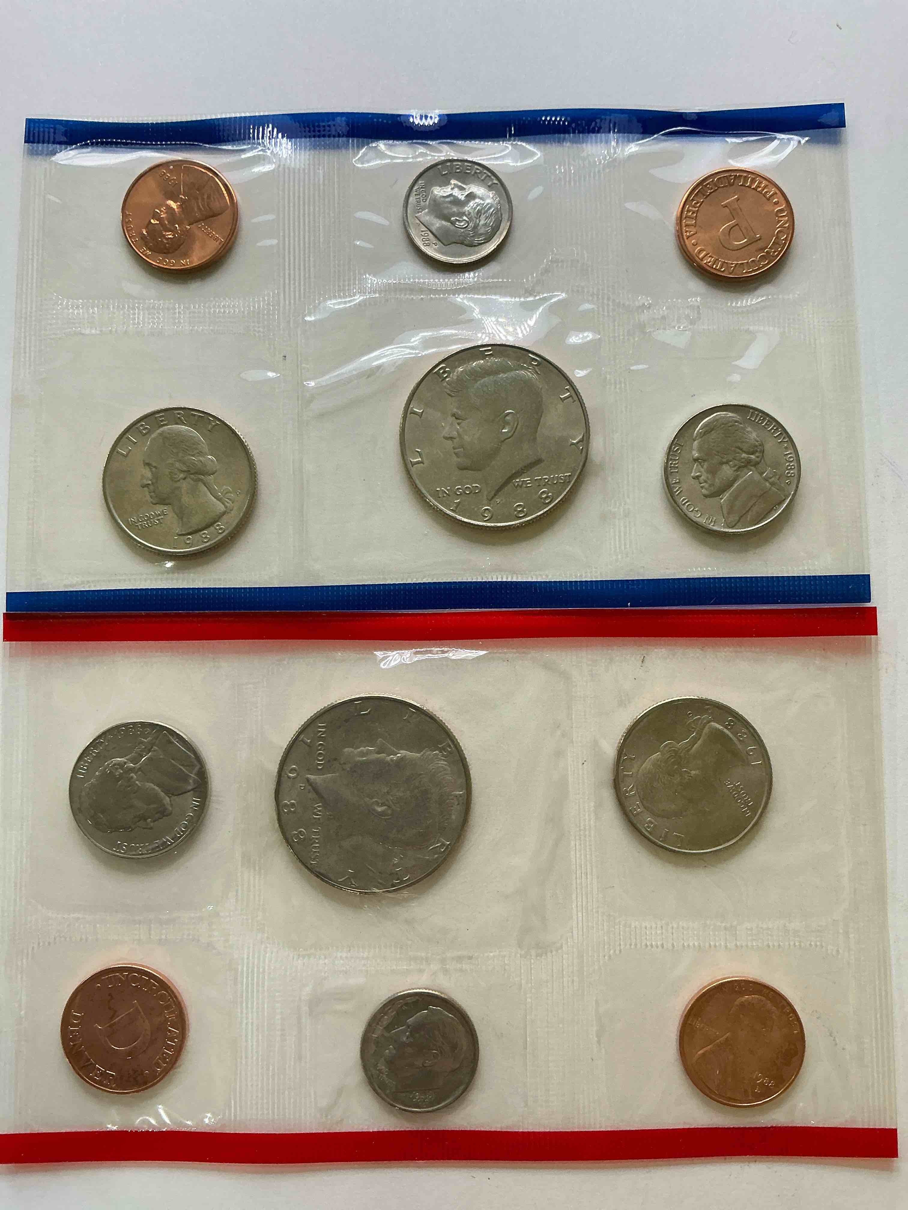 1988 uncirculated u.s. mint coins! these gorgeous coins from the mint set features each u.s. coins minted in 1988 in uncirculated condition, from each mint mark, philly & denver! own an awesome investment & incredible piece of u.s. history!