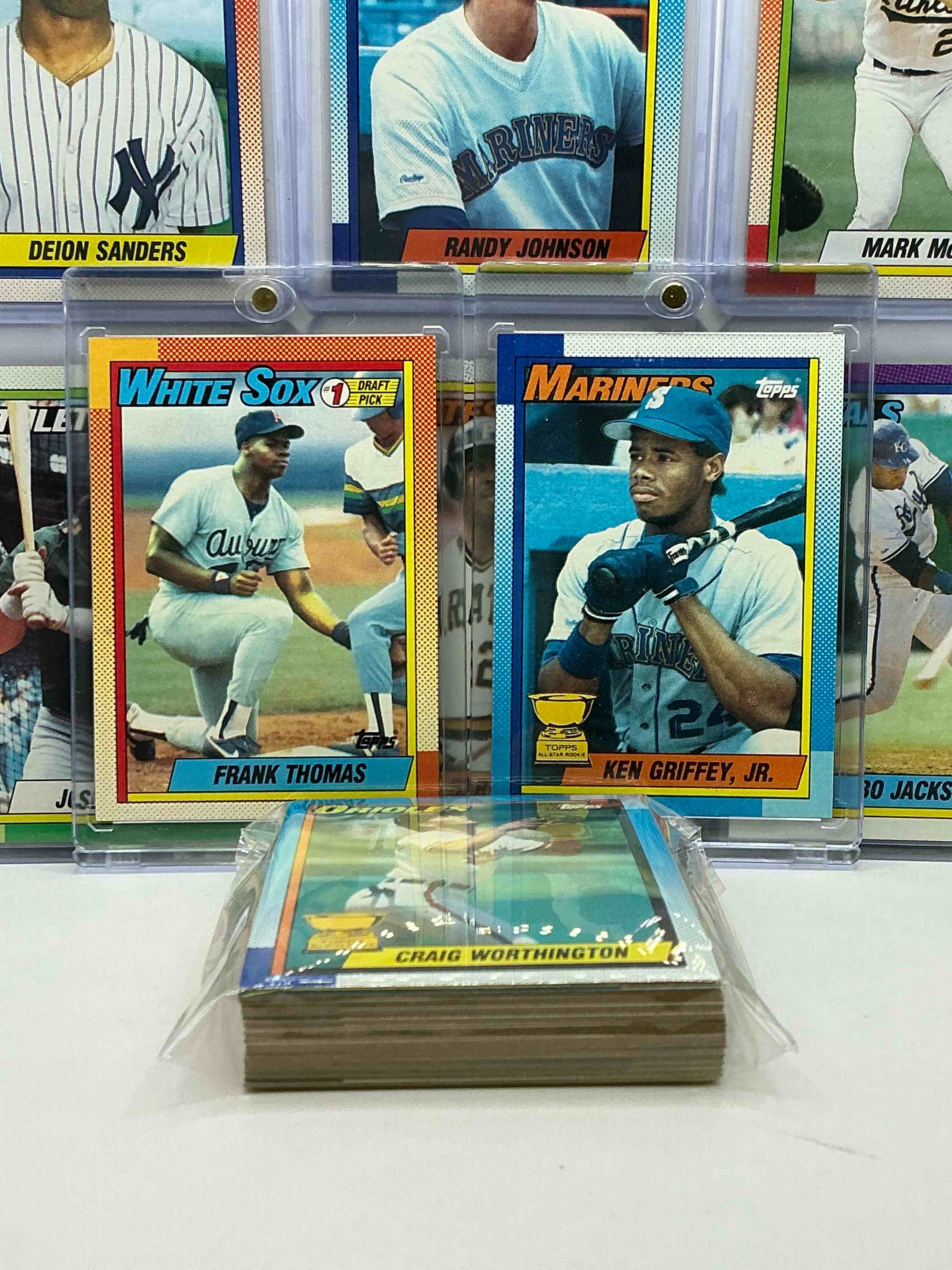 ken griffey jr. & frank thomas rookie! 1990 topps baseball 50 card craziness! bo jackson, randy johnson, barry bonds, john smoltz, rickey henderson, don mattingly, cal ripken, wade boggs, bobby bonilla, fernando valenzuela, darryl strawberry, greg maddux, roger clemens & more! the best players from the time! super rare set with all of these stars! 50 card craziness! legends, heroes & commons!
