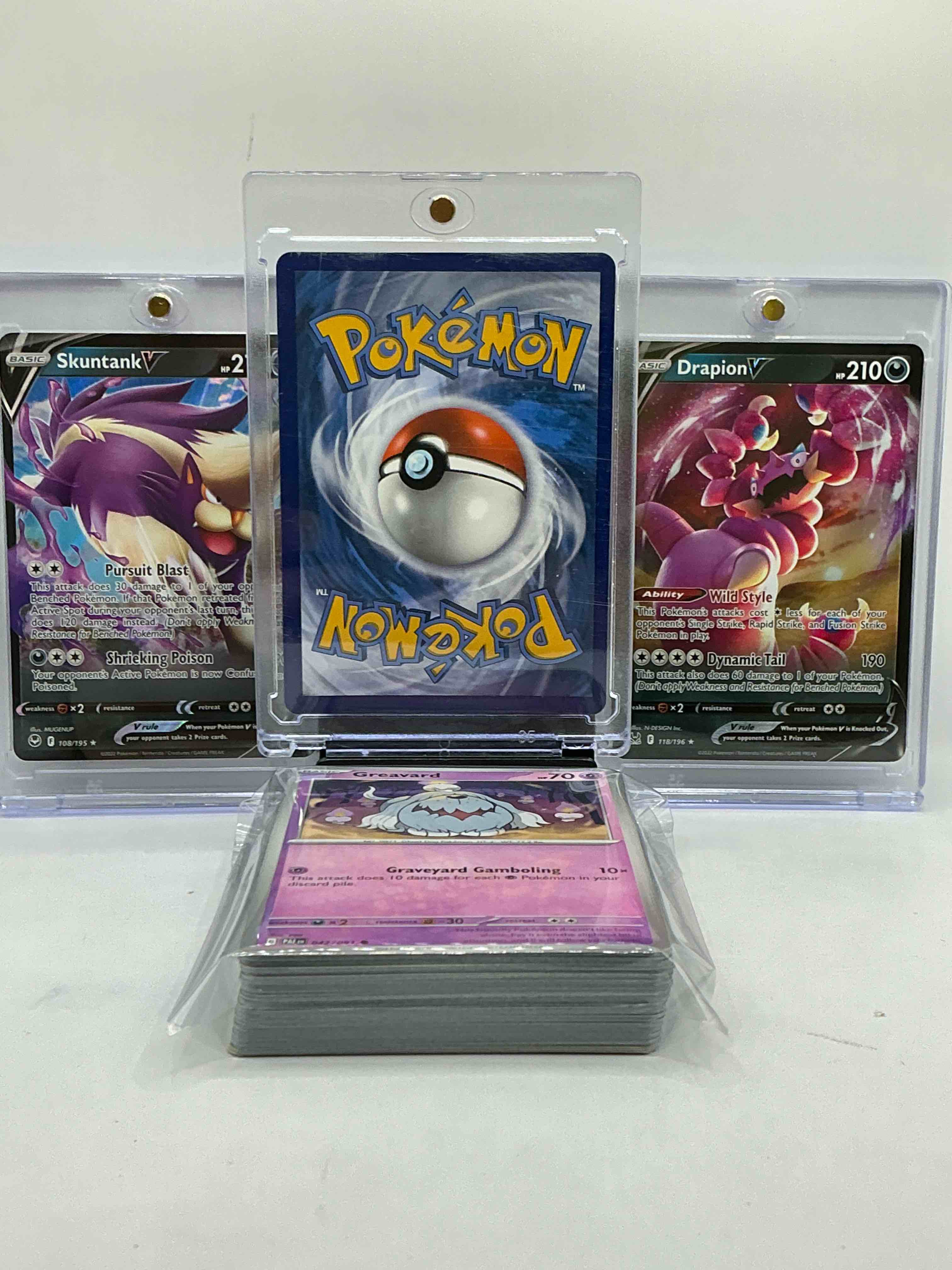 Condition photo showing New/Like New for Lucario V, Drapion V & Skuntank V WOW! All Insane! Trio Is Rare & This Pokémon Lot Includes Commons, Legends & More!