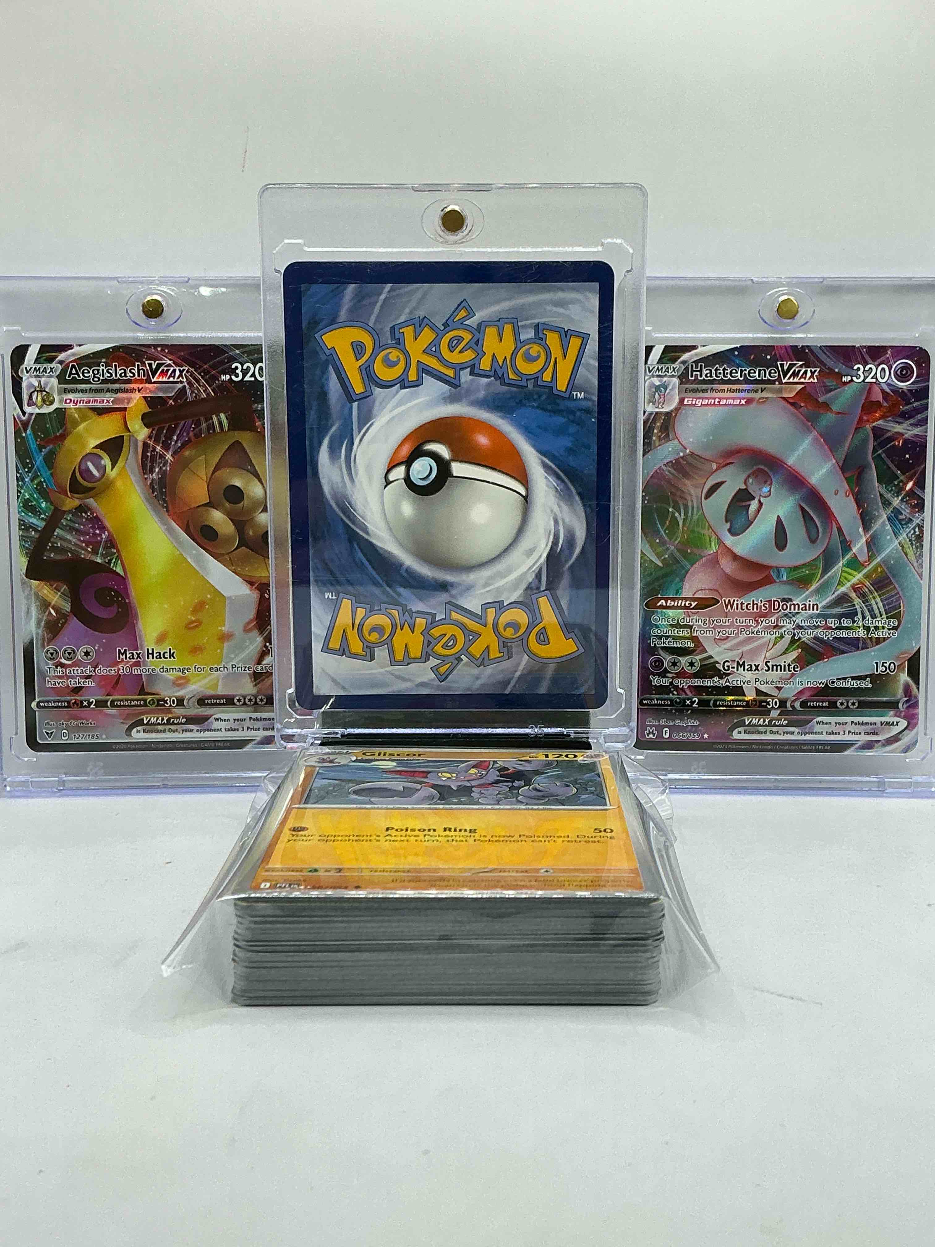 Condition photo showing New/Like New for pokémon vmax insanity! crobat vmax, hatterene vmax & aegislash vmax & more! wow! vmax craziness! this 50 card pokémon lot includes commons, legends & more!